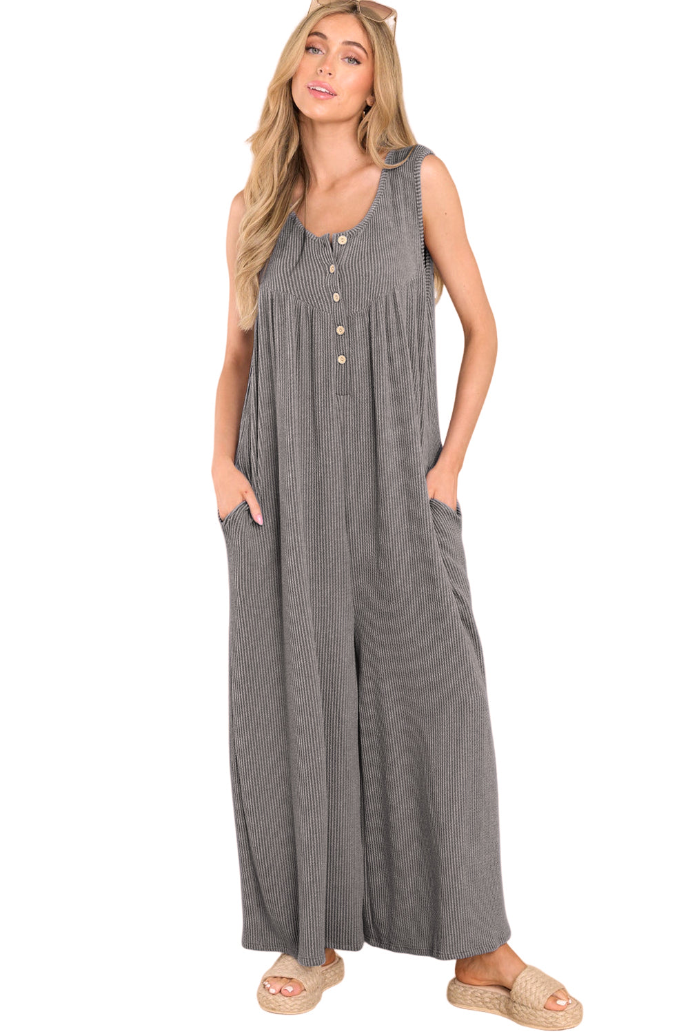 Medium Grey Sleeveless Buttons Wide Leg Rib Knit Jumpsuit