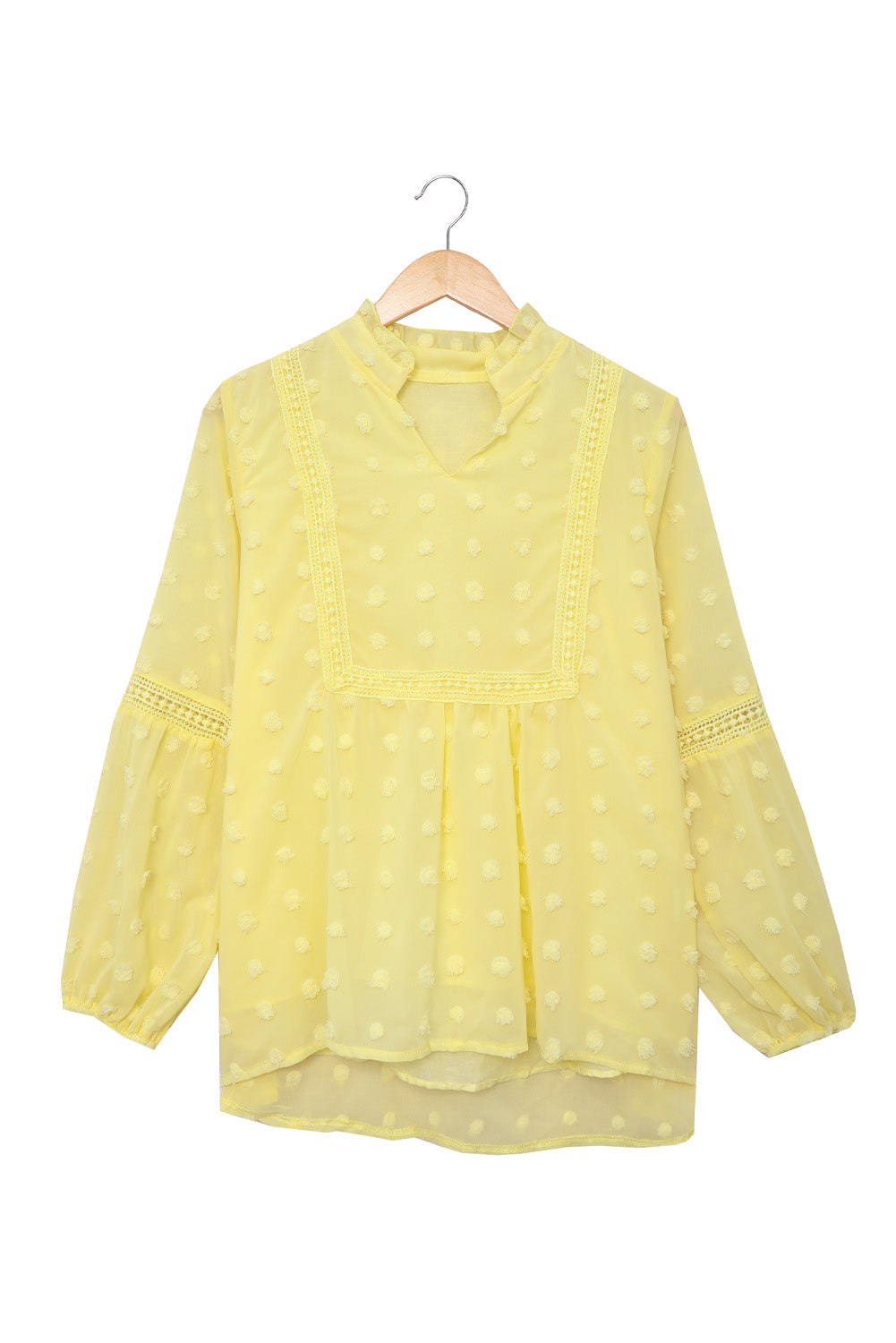 Green Ruffled Split Neck Lace Hollow Out Puff Sleeve Polka Dot Blouse