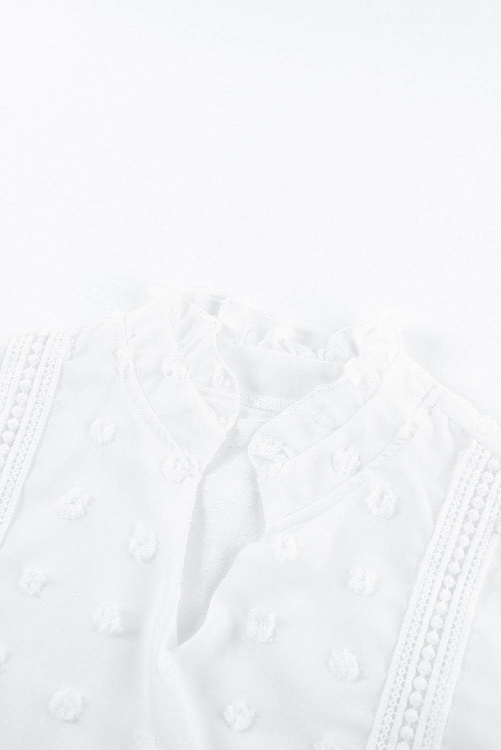 Green Ruffled Split Neck Lace Hollow Out Puff Sleeve Polka Dot Blouse