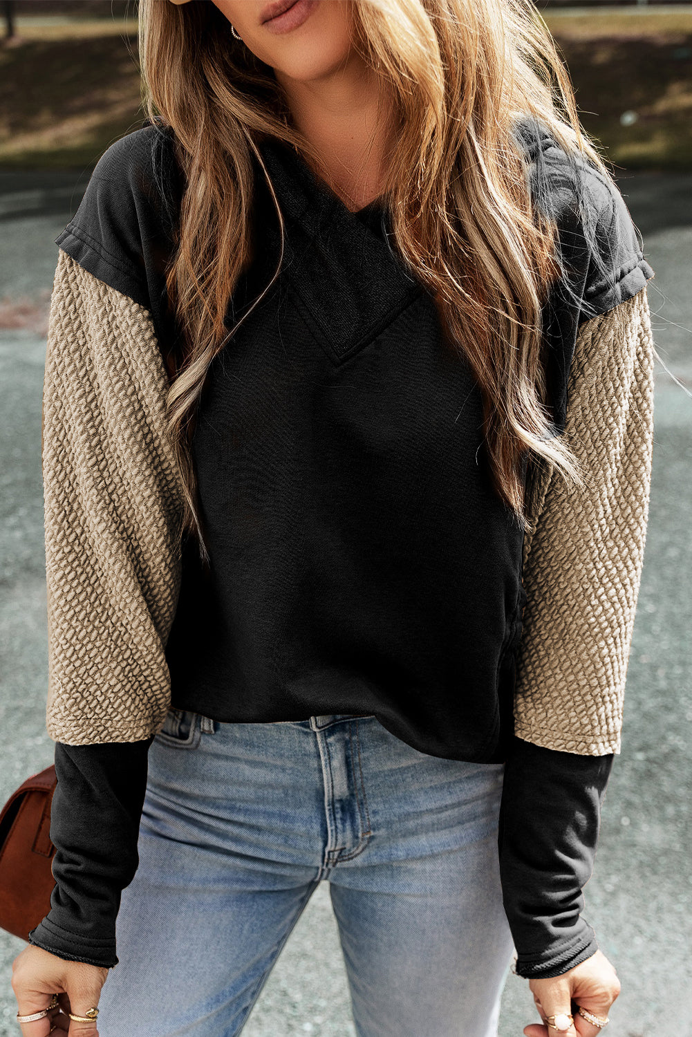 Parchment Contrast Sleeves Patchwork Colorblock Hoodie