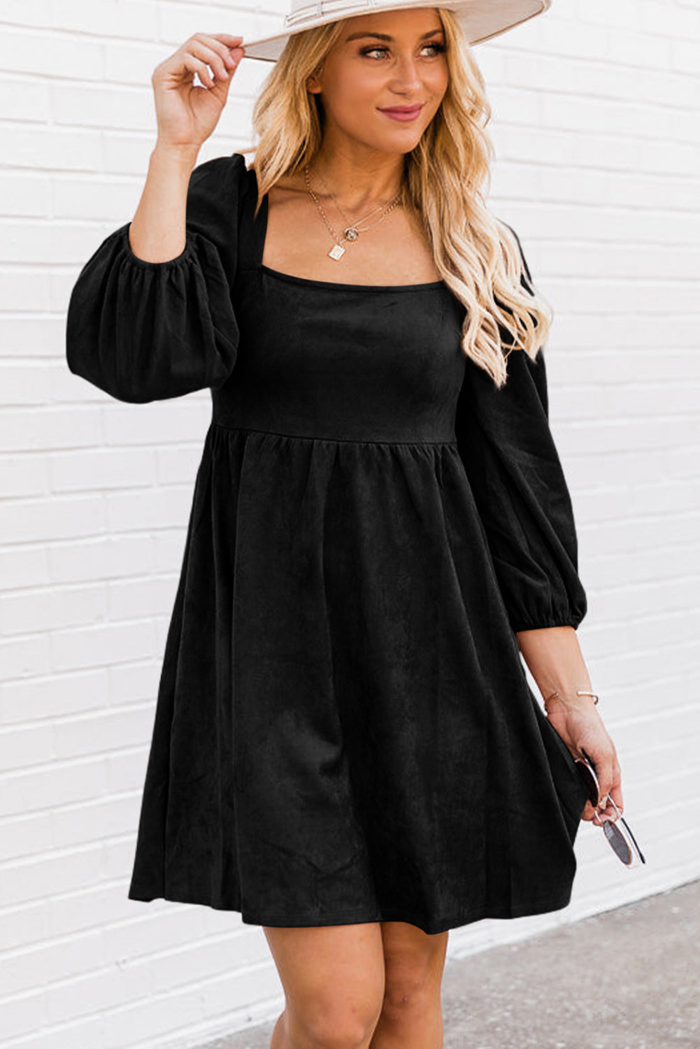 Jungle Green Suede Square Neck Puff Sleeve Dress