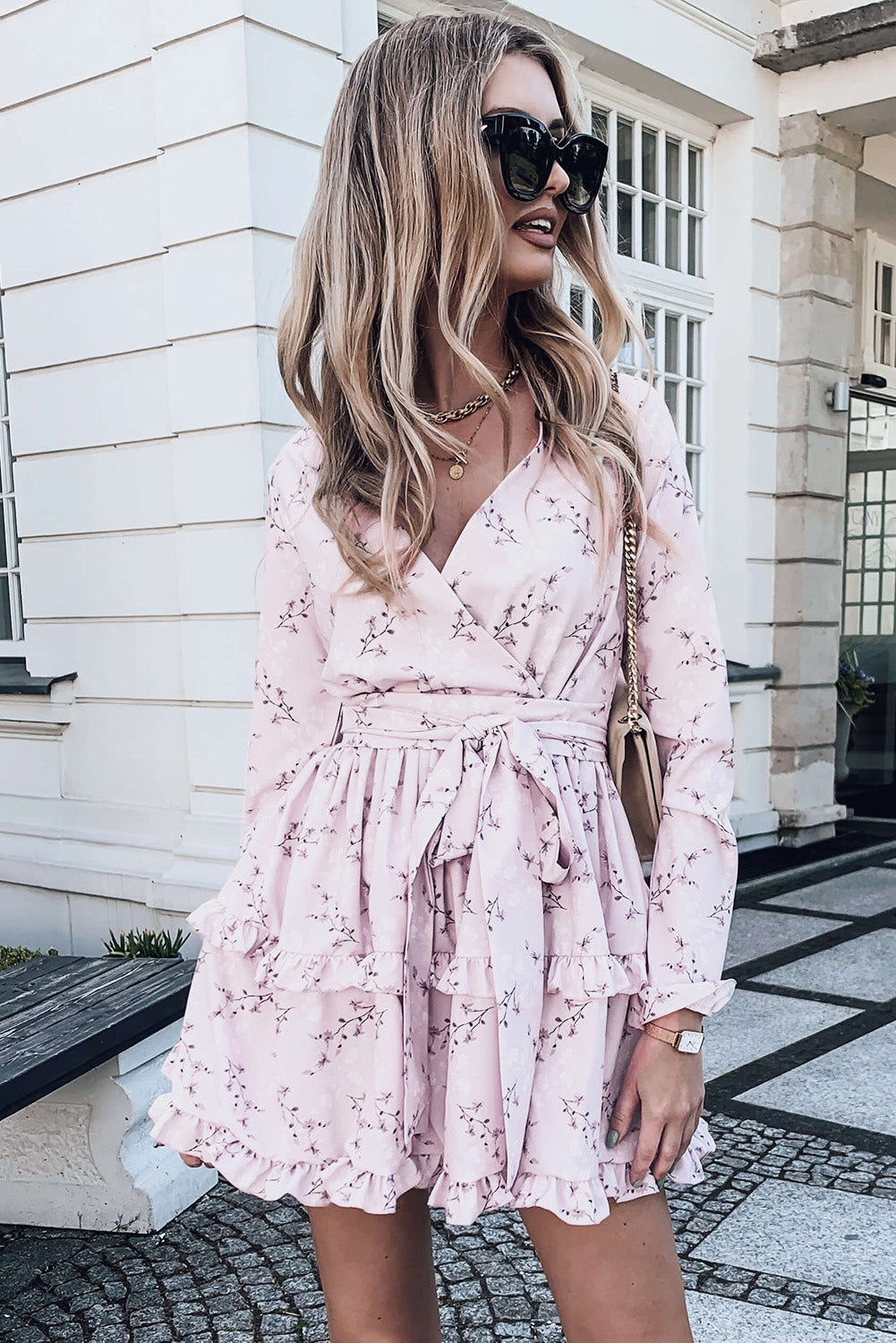 Pink Floral Print Ruffle Hemline Wrap Mini Dress