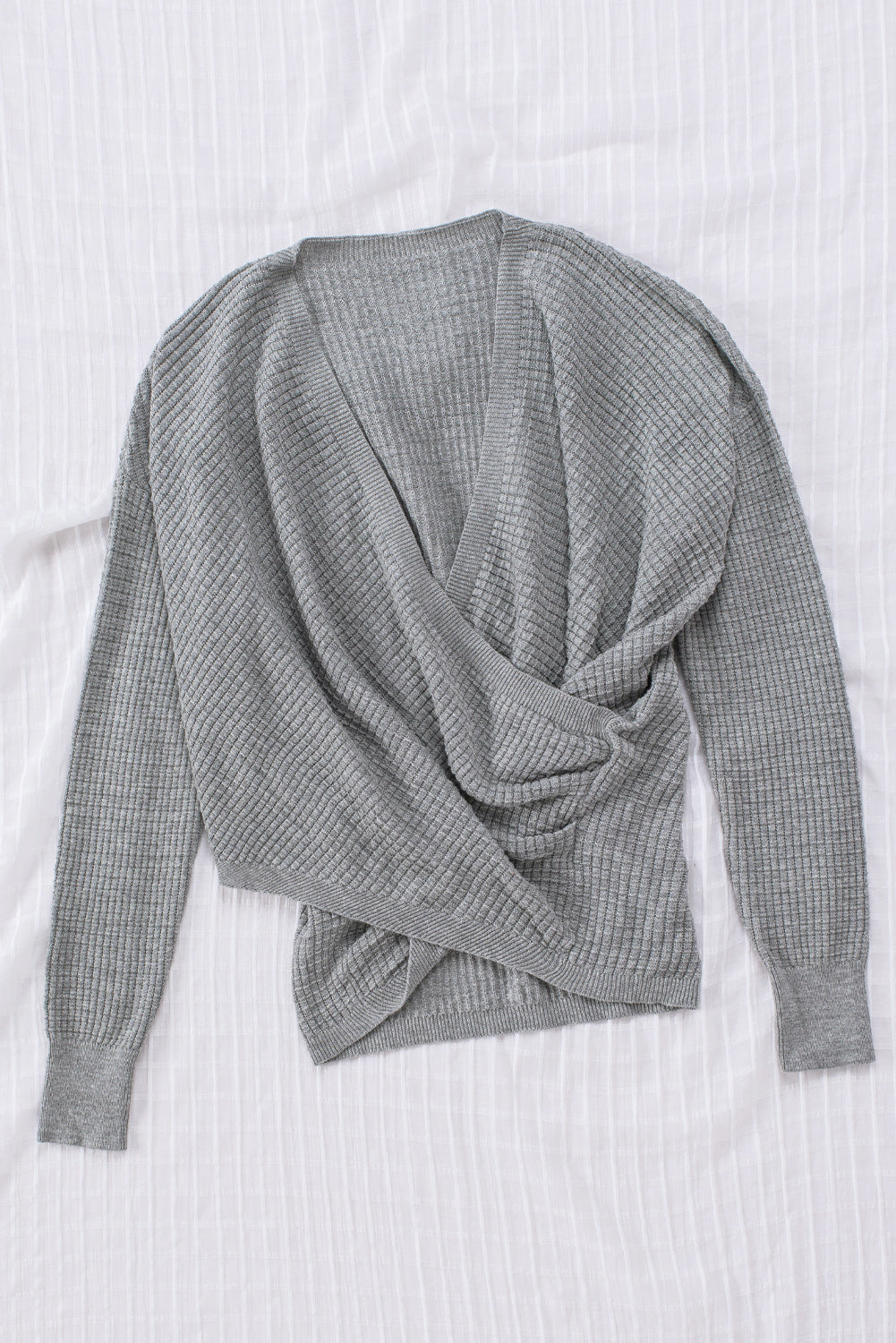 Gray Black/Pink/Gray/Khaki/Apricot Wrap V Neck Waffle Sweater