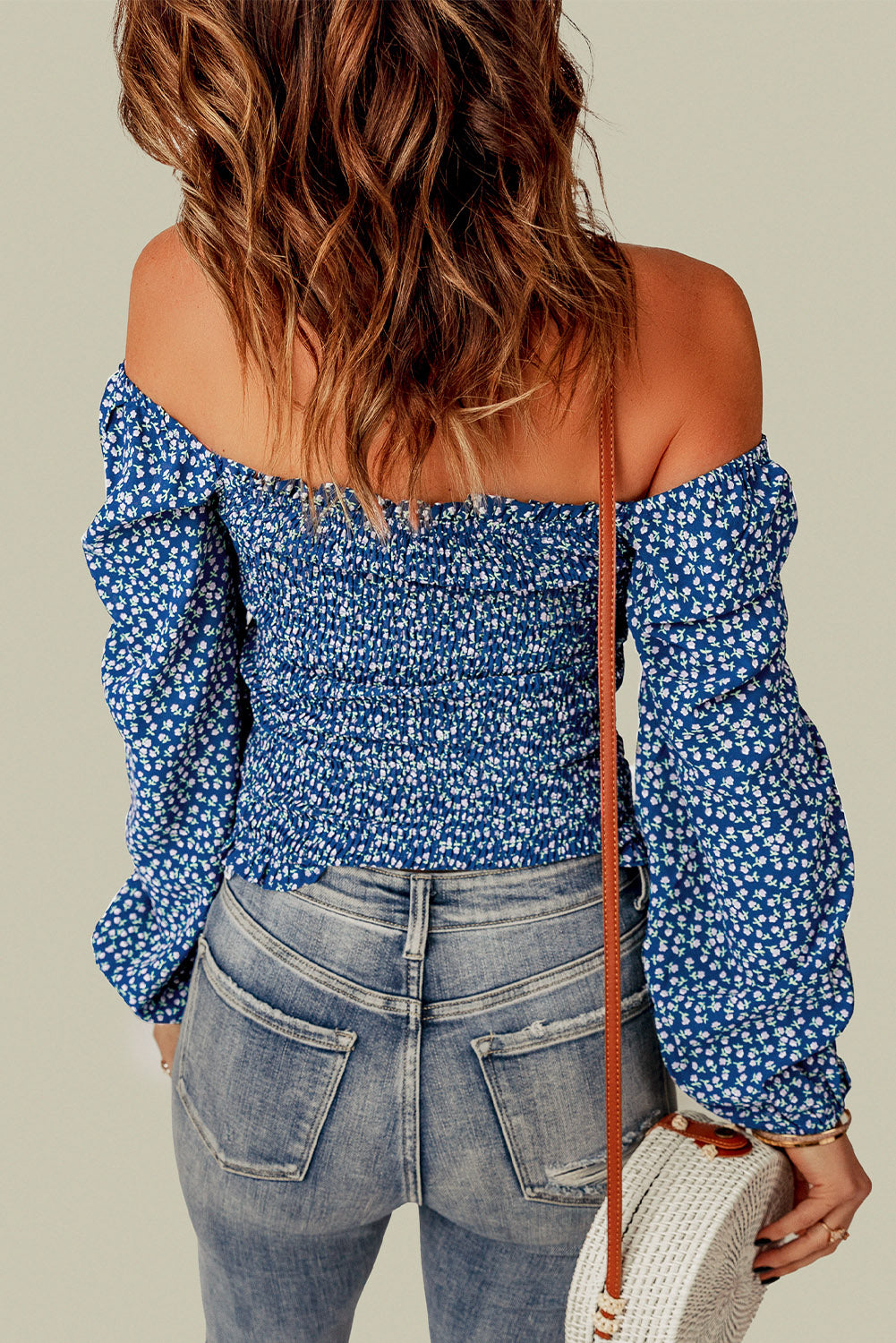 Green Square Neck Puff Sleeve Floral Smocked Top