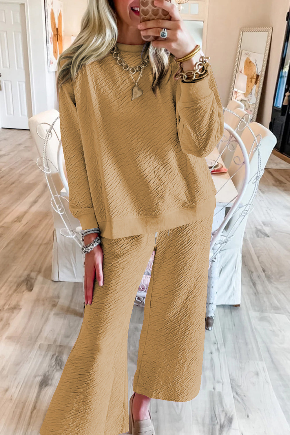 White Textured Long Sleeve Top Drawstring Pants Set