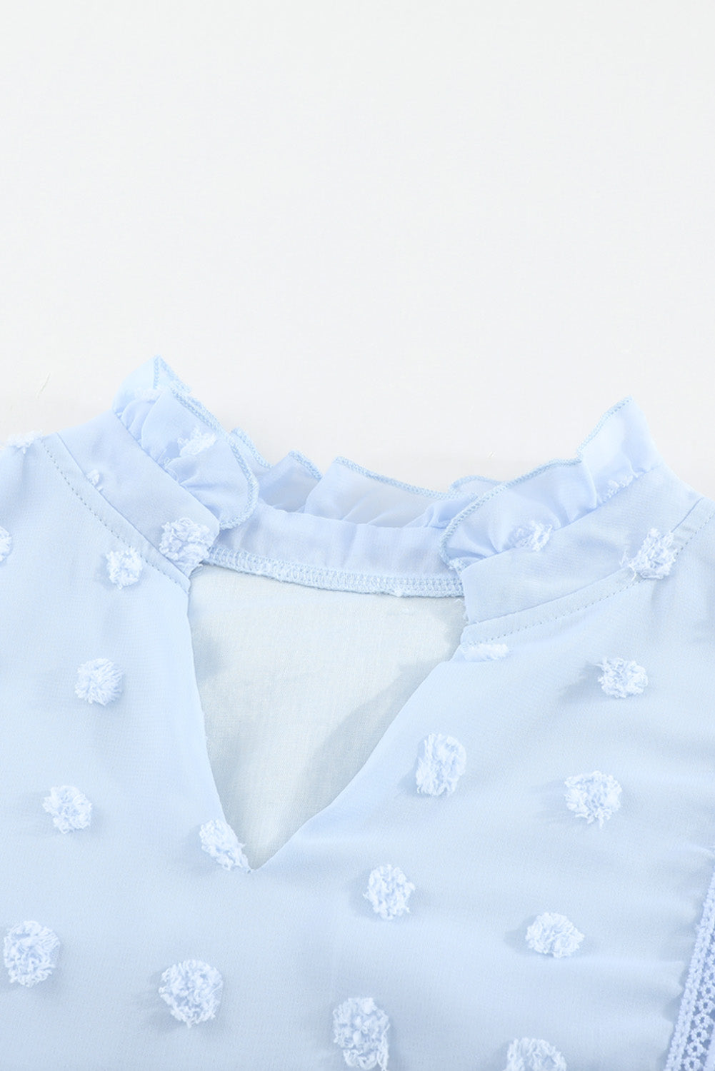Green Ruffled Split Neck Lace Hollow Out Puff Sleeve Polka Dot Blouse