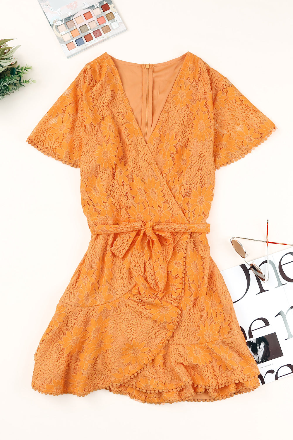 Pink Flutter Sleeve Wrap V Neck Floral Lace Short Dress
