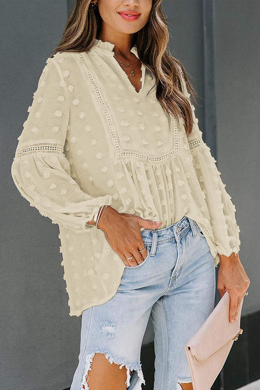Green Ruffled Split Neck Lace Hollow Out Puff Sleeve Polka Dot Blouse