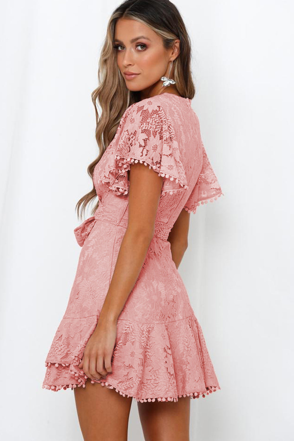Pink Flutter Sleeve Wrap V Neck Floral Lace Short Dress