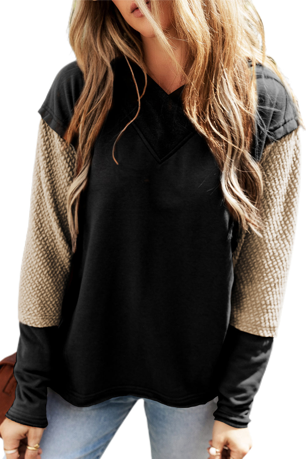 Parchment Contrast Sleeves Patchwork Colorblock Hoodie