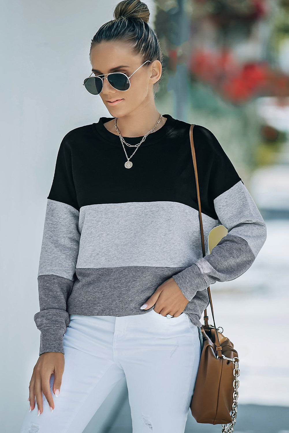 Colorblock Orange Contrast Stitching Sweatshirt with Slits