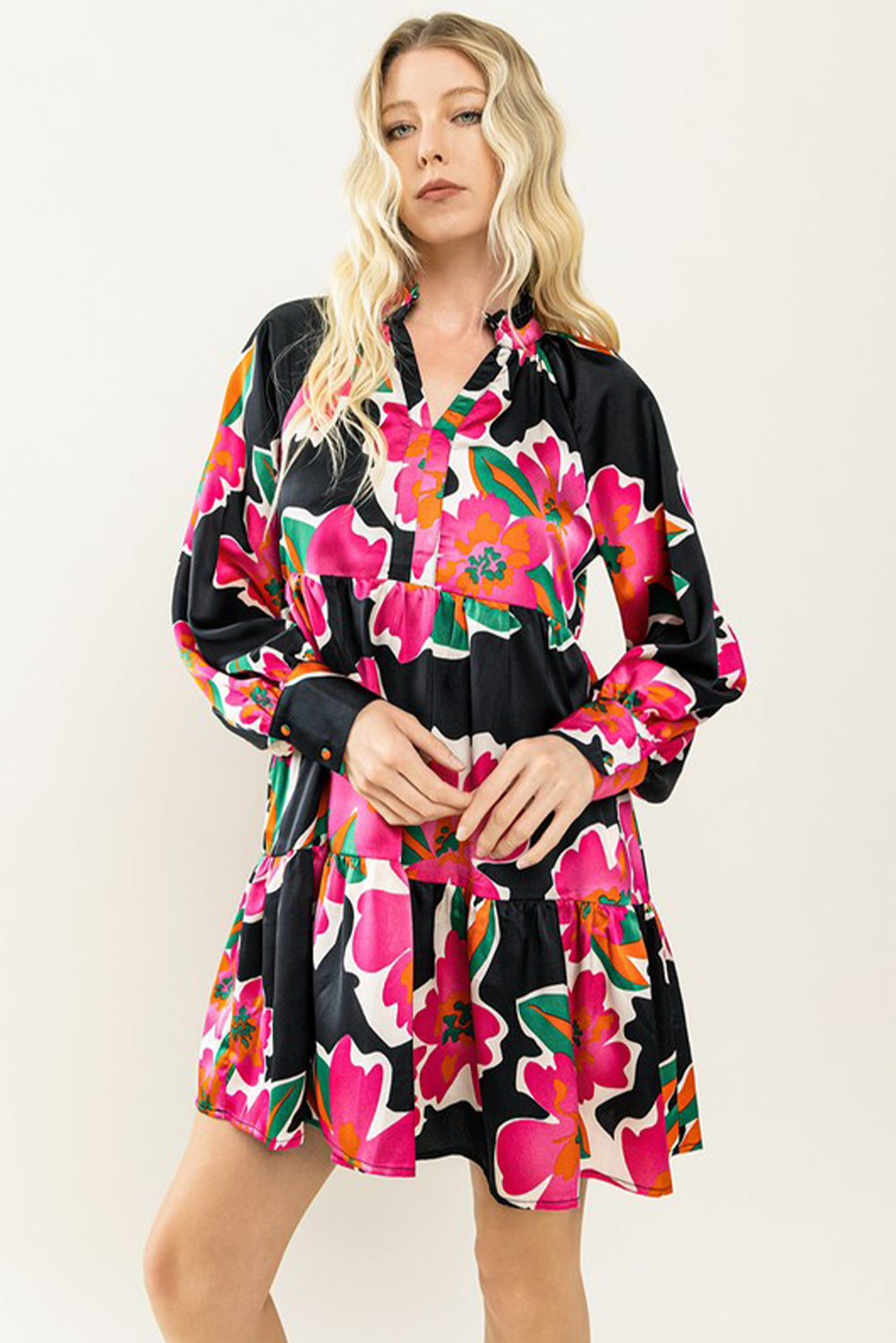Multicolour Frill Collar Split Neck Long Sleeve Floral Dress