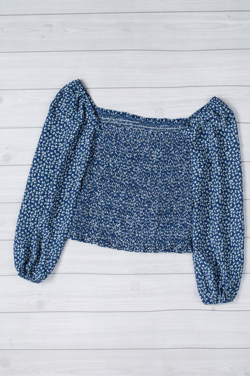 Green Square Neck Puff Sleeve Floral Smocked Top