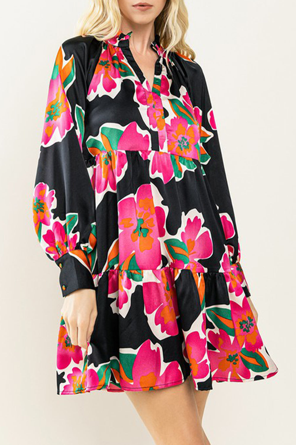Multicolour Frill Collar Split Neck Long Sleeve Floral Dress