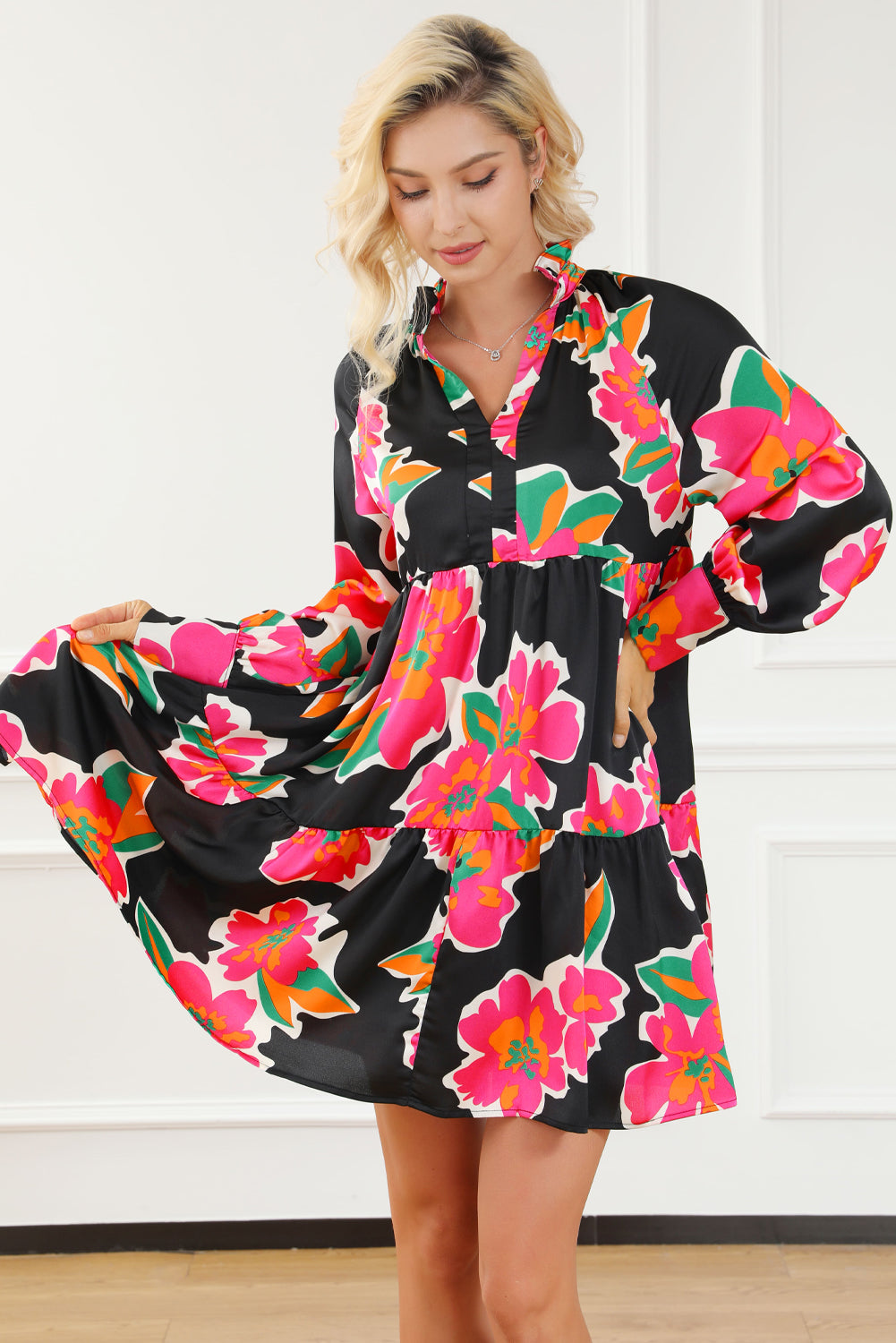 Multicolour Frill Collar Split Neck Long Sleeve Floral Dress