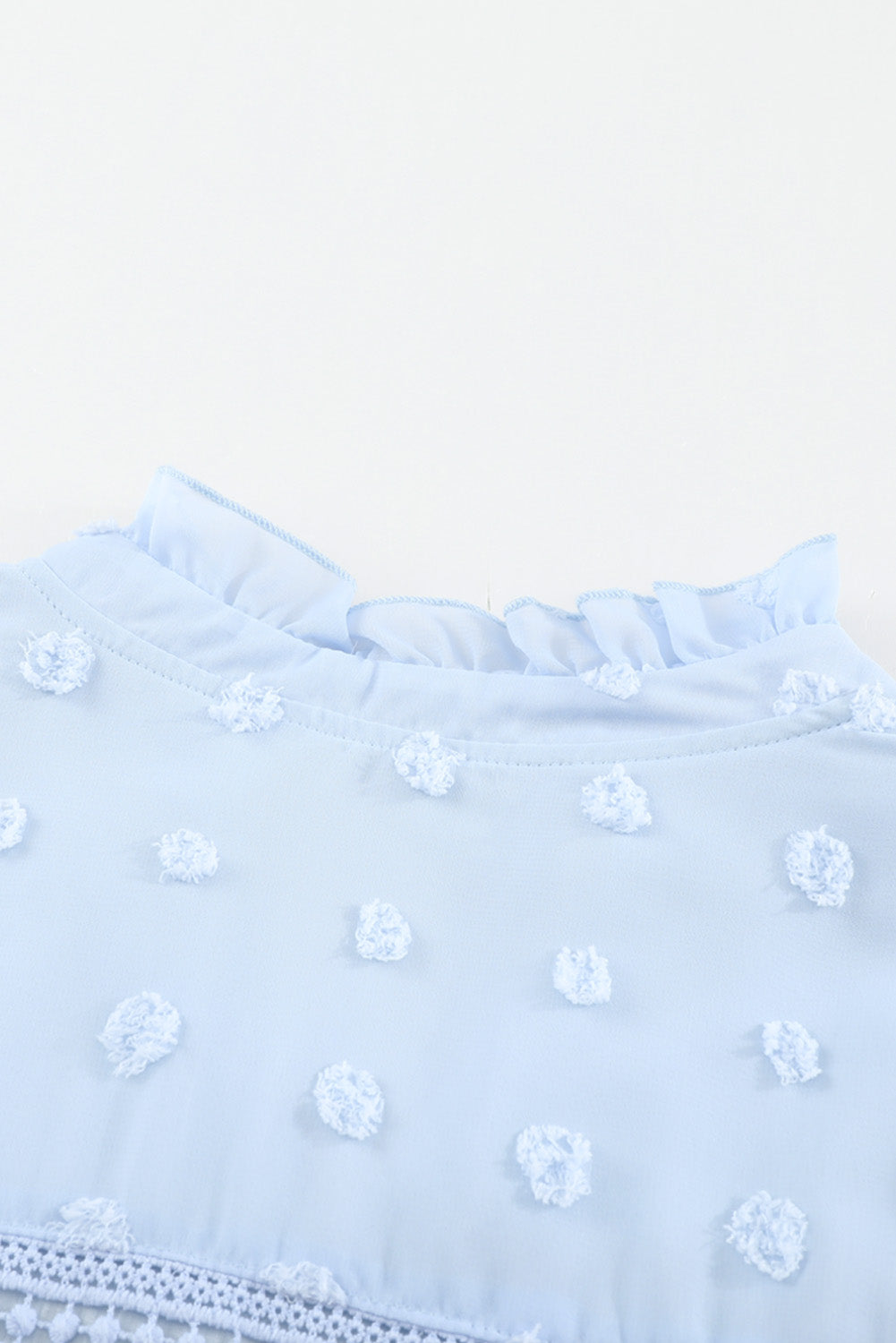 Green Ruffled Split Neck Lace Hollow Out Puff Sleeve Polka Dot Blouse