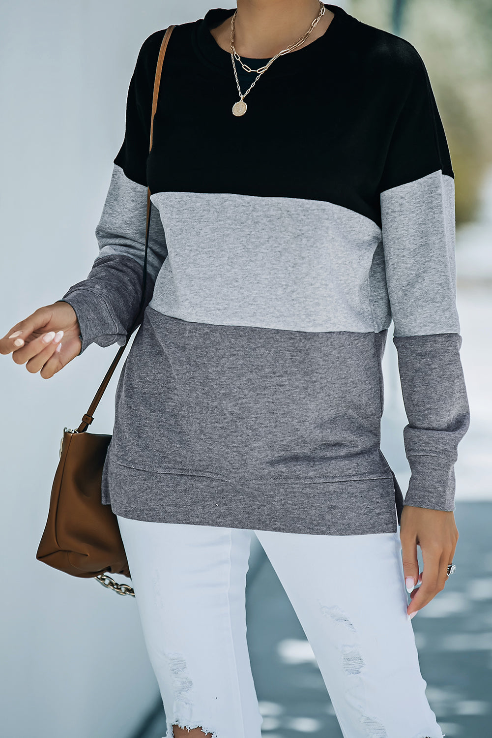 Colorblock Orange Contrast Stitching Sweatshirt with Slits