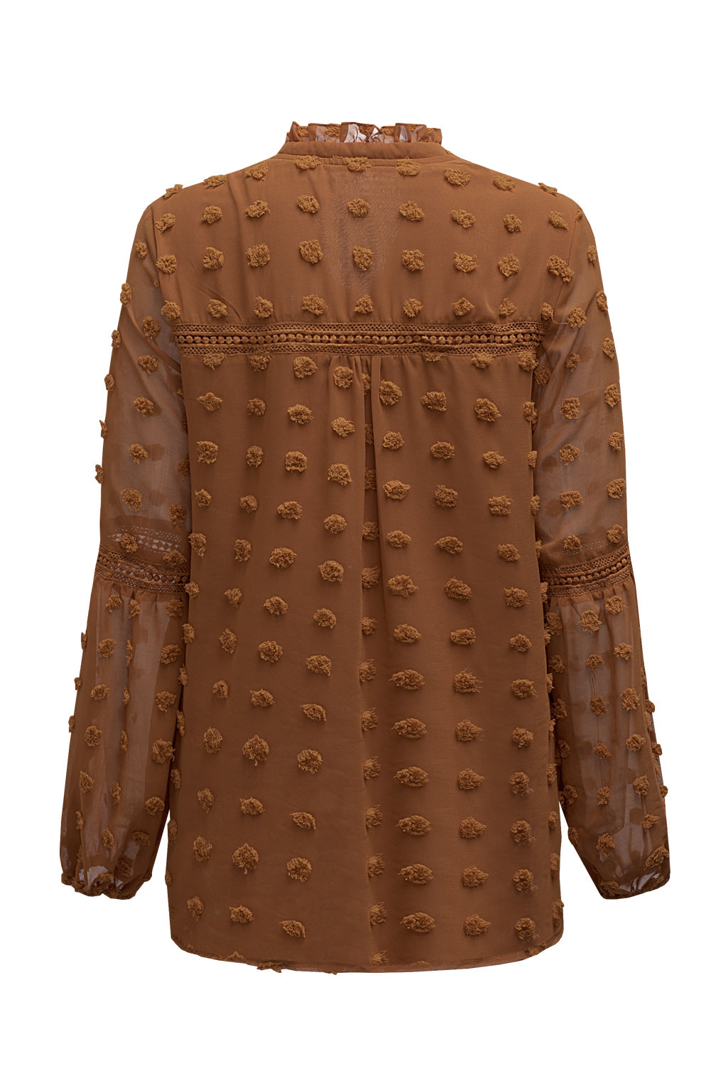 Green Ruffled Split Neck Lace Hollow Out Puff Sleeve Polka Dot Blouse