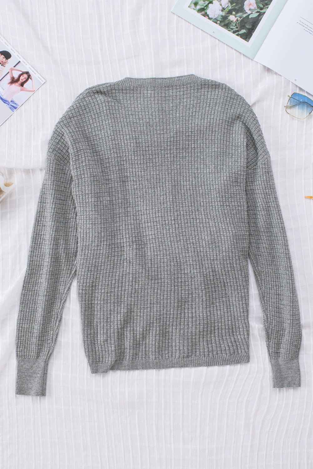 Gray Black/Pink/Gray/Khaki/Apricot Wrap V Neck Waffle Sweater