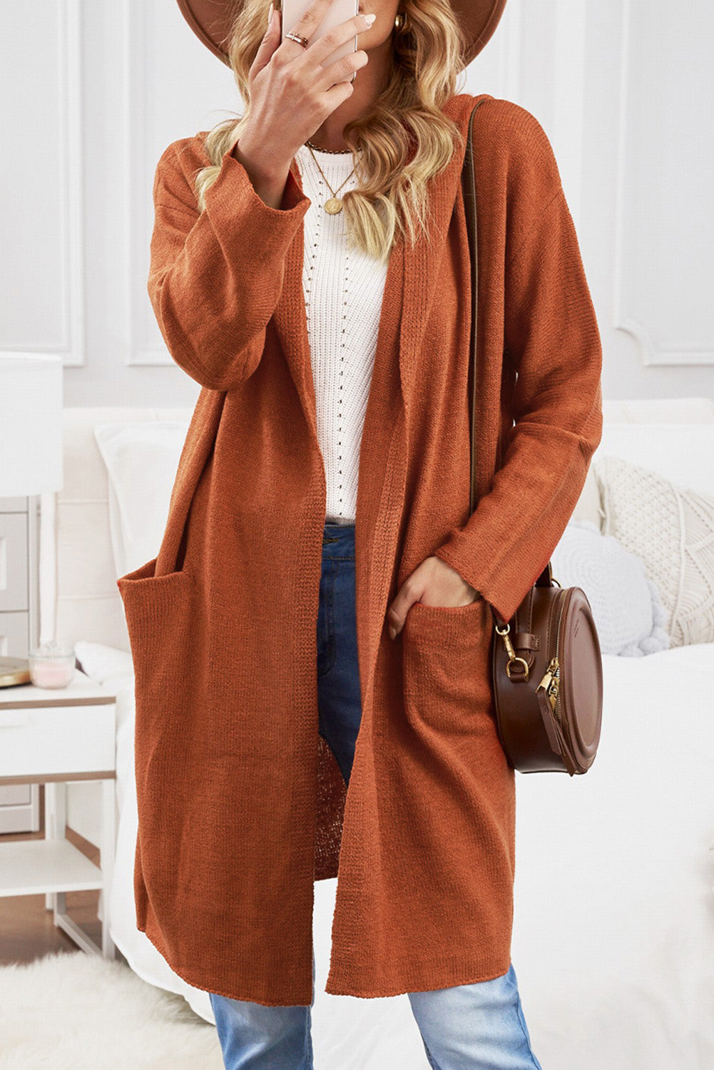 Brown Black/Gray/Brown Open Front Hooded Sweater Cardigan