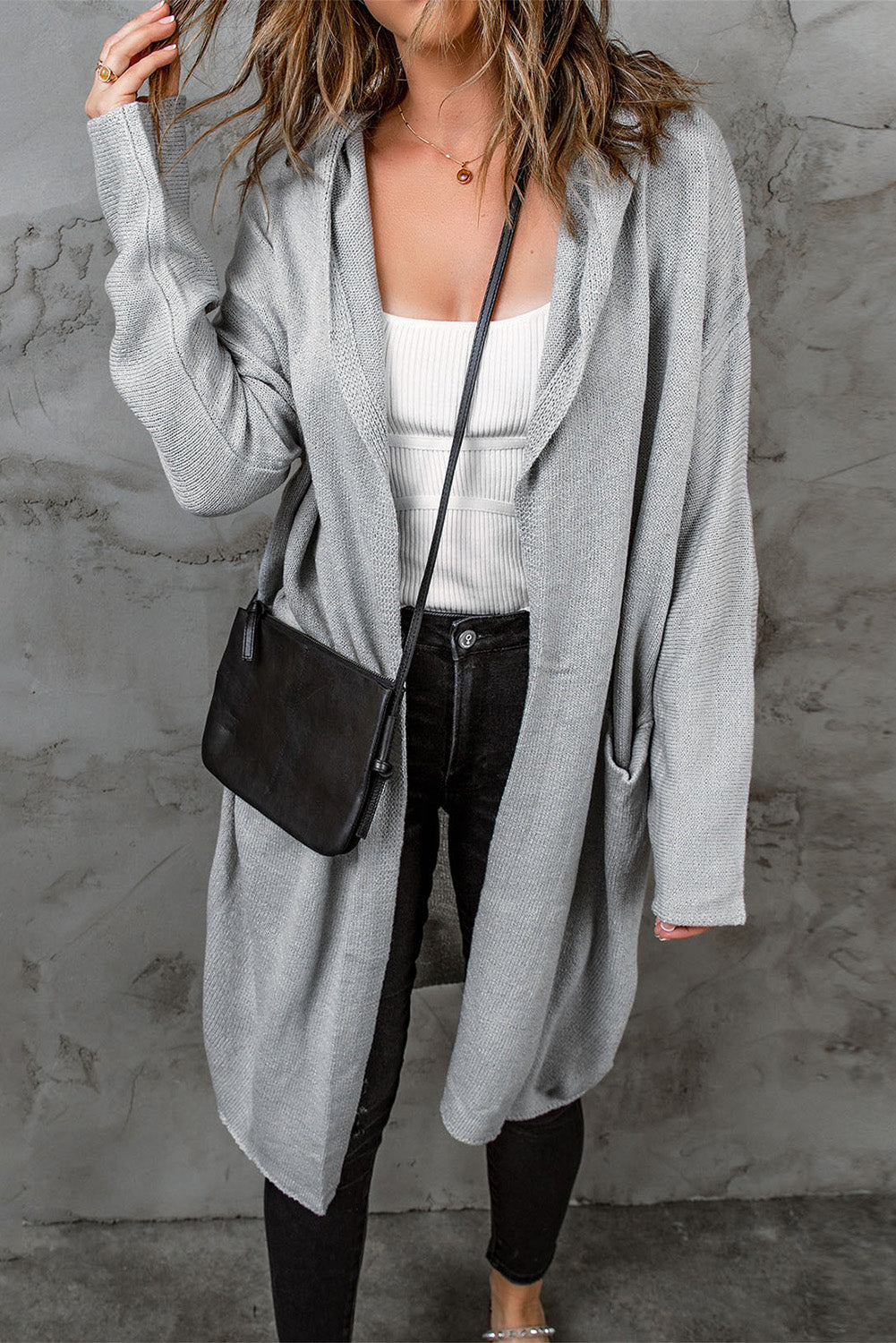 Brown Black/Gray/Brown Open Front Hooded Sweater Cardigan
