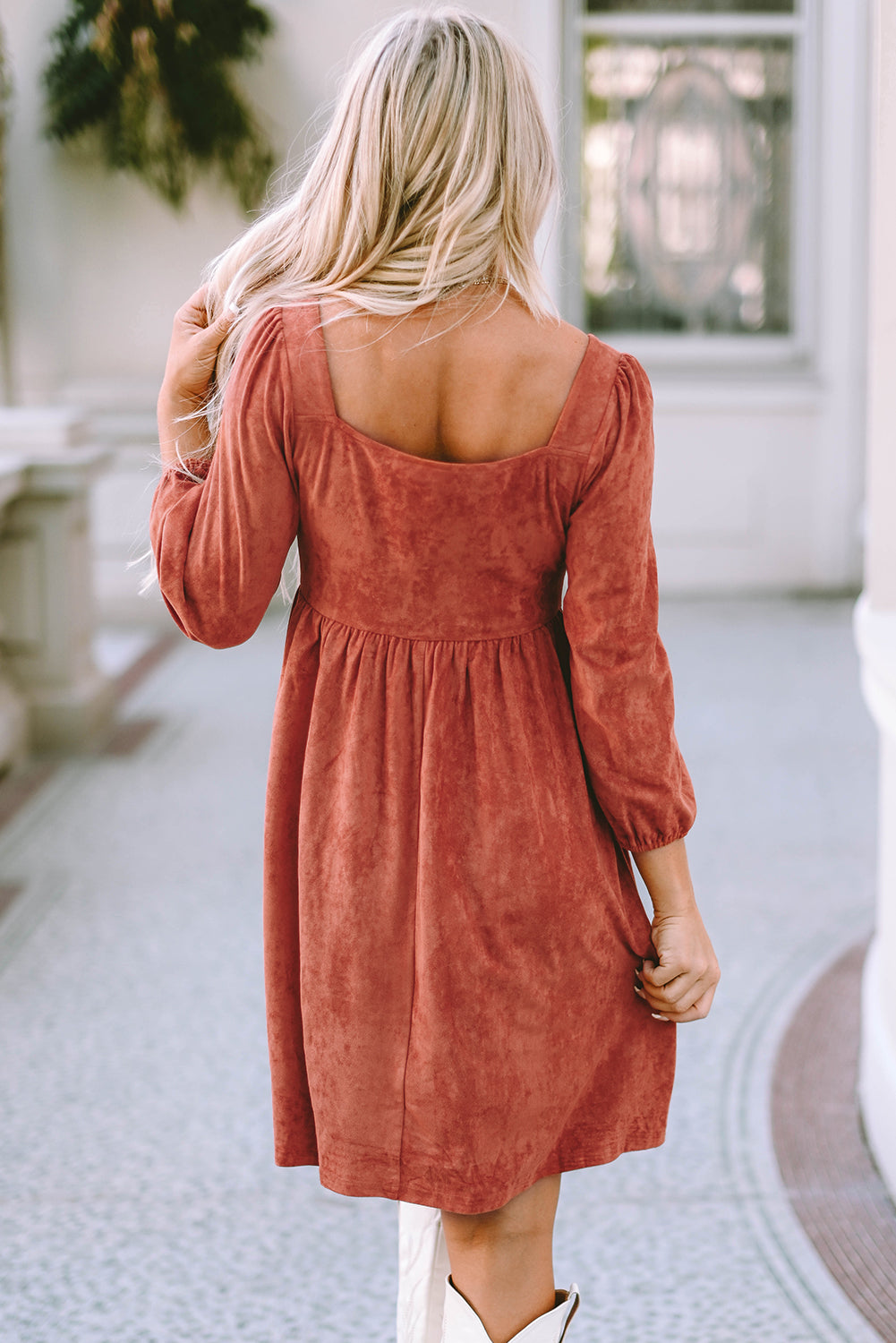 Jungle Green Suede Square Neck Puff Sleeve Dress