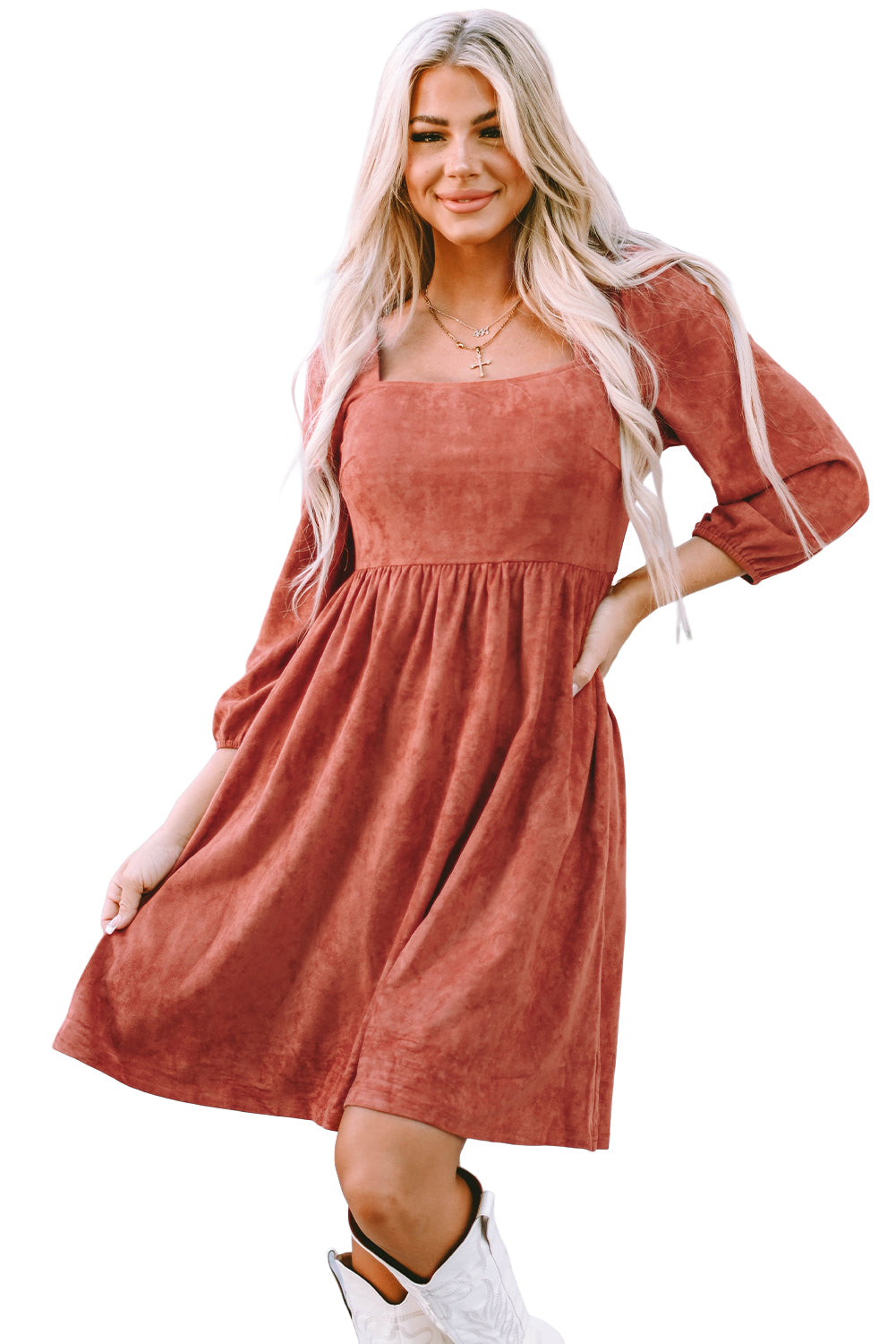 Jungle Green Suede Square Neck Puff Sleeve Dress