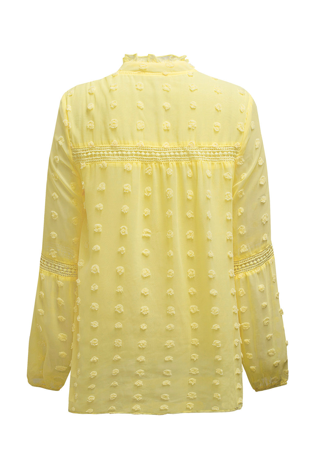 Green Ruffled Split Neck Lace Hollow Out Puff Sleeve Polka Dot Blouse