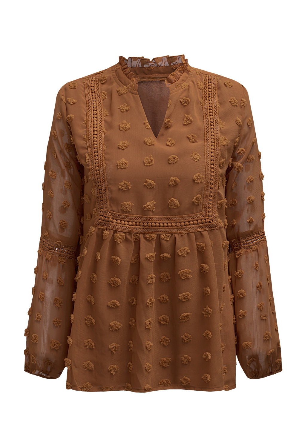 Green Ruffled Split Neck Lace Hollow Out Puff Sleeve Polka Dot Blouse