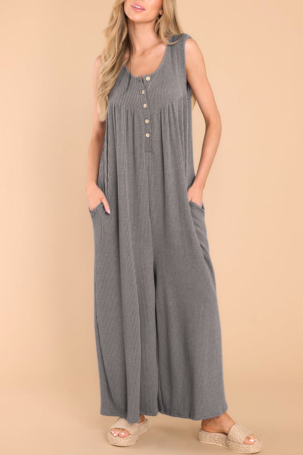 Medium Grey Sleeveless Buttons Wide Leg Rib Knit Jumpsuit
