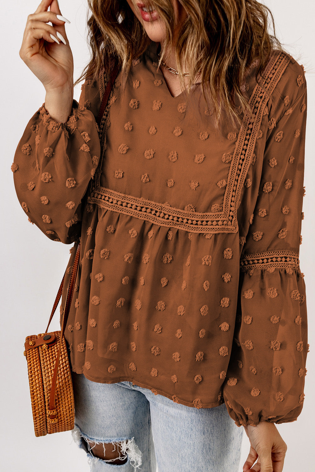 Green Ruffled Split Neck Lace Hollow Out Puff Sleeve Polka Dot Blouse