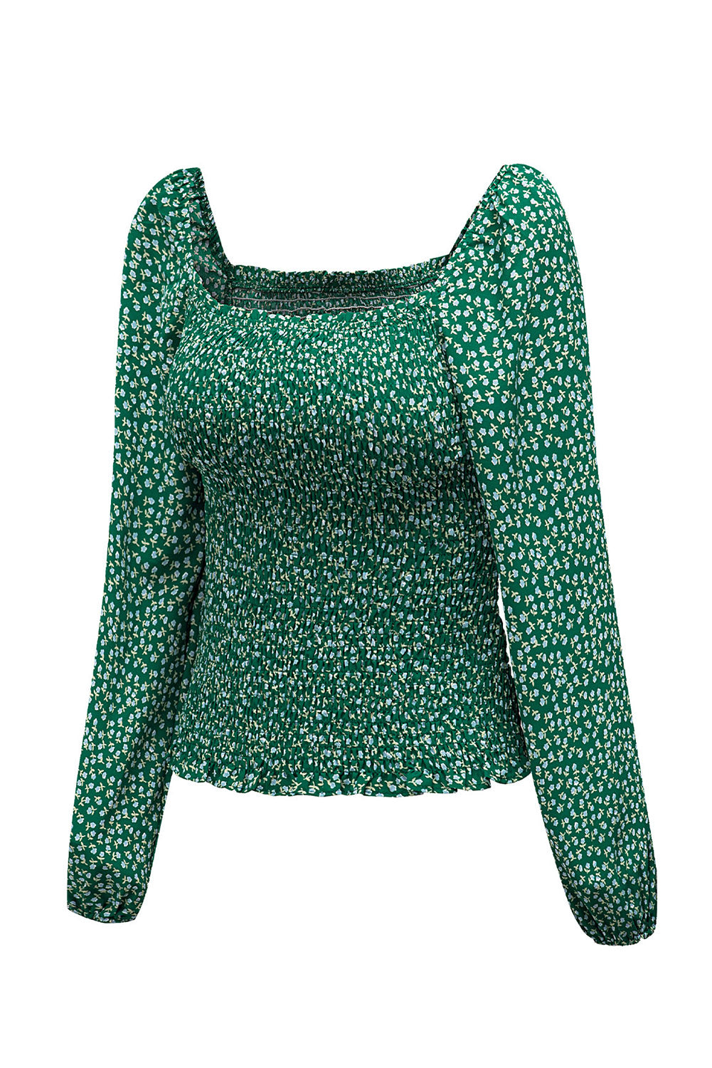 Green Square Neck Puff Sleeve Floral Smocked Top