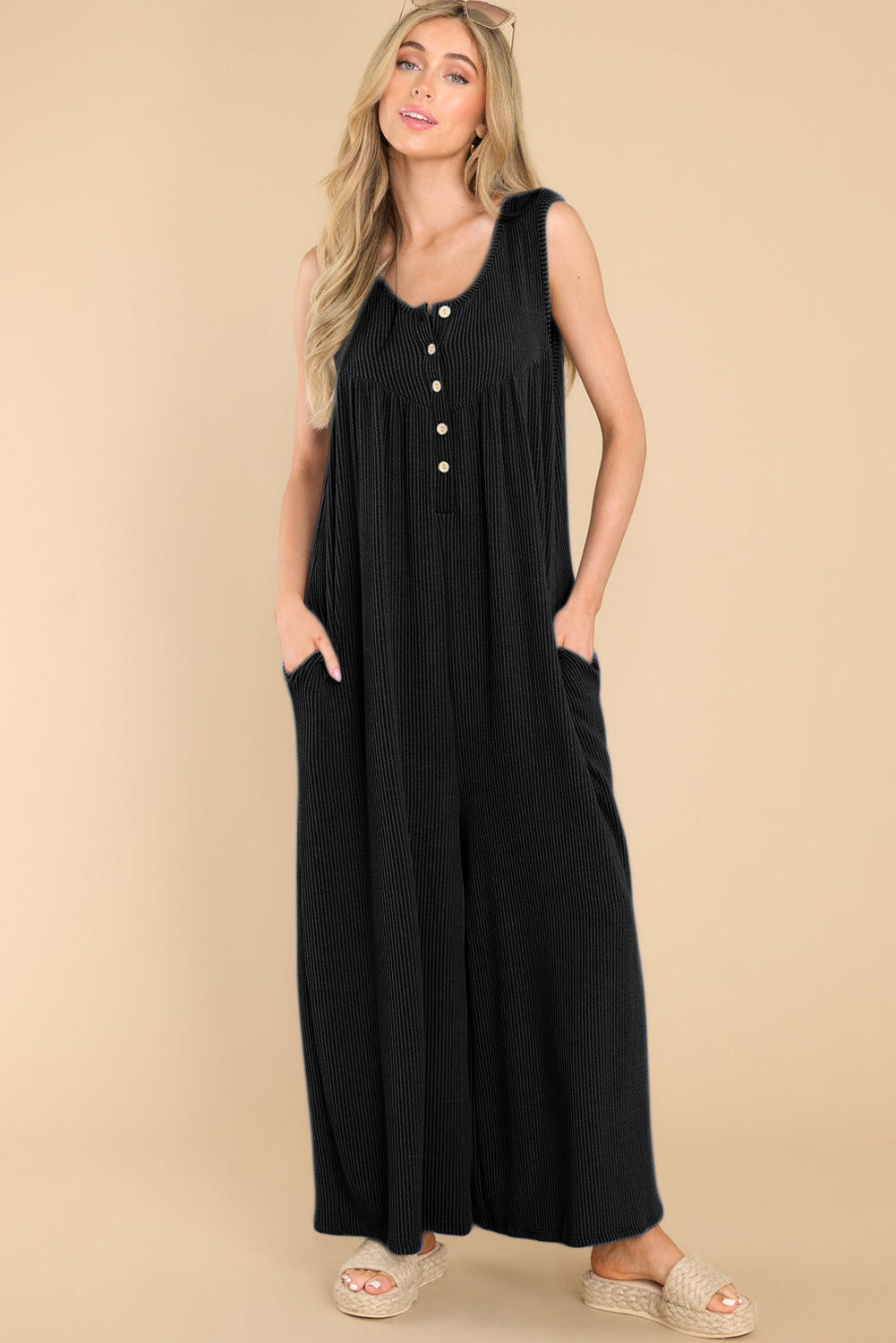 Medium Grey Sleeveless Buttons Wide Leg Rib Knit Jumpsuit