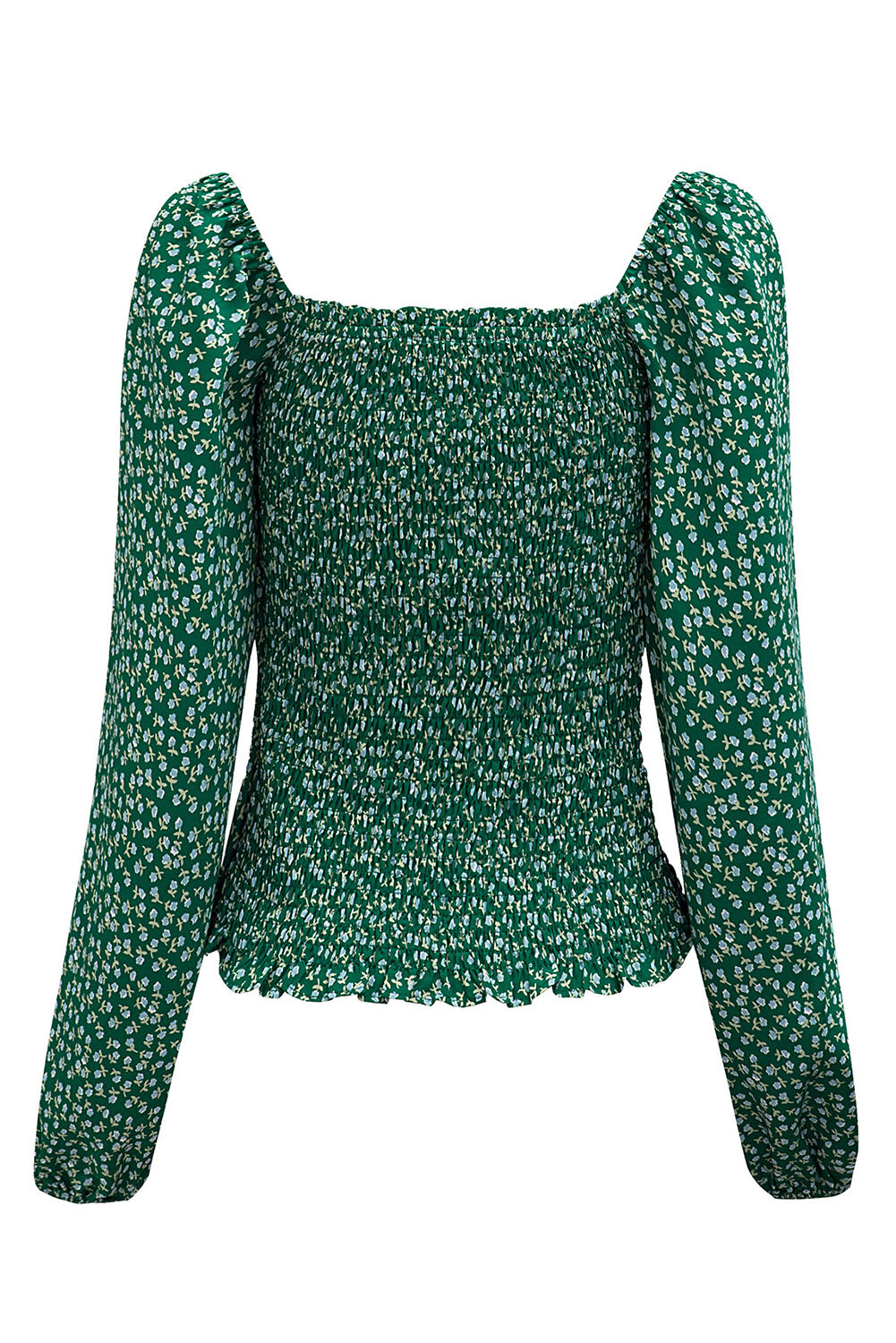 Green Square Neck Puff Sleeve Floral Smocked Top