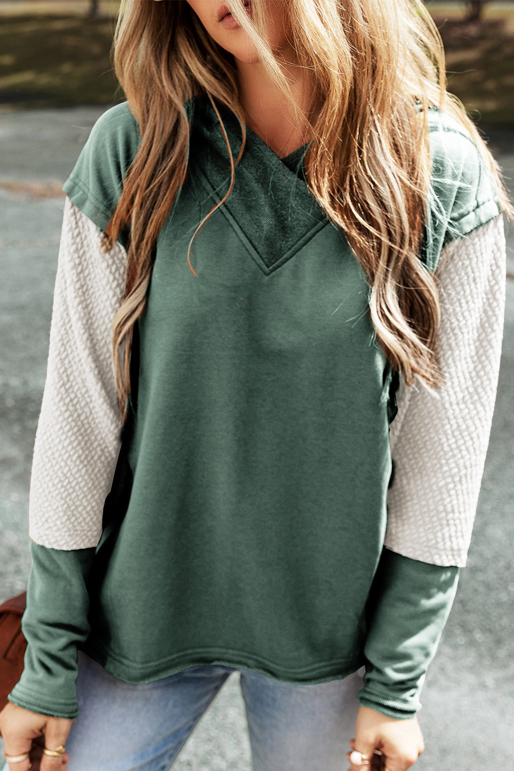 Parchment Contrast Sleeves Patchwork Colorblock Hoodie