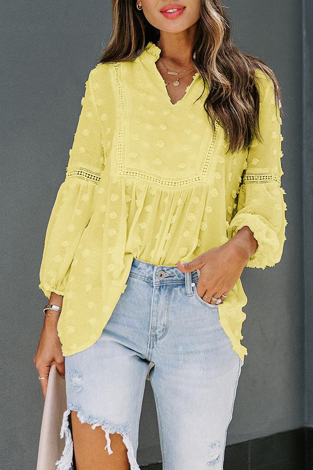 Green Ruffled Split Neck Lace Hollow Out Puff Sleeve Polka Dot Blouse