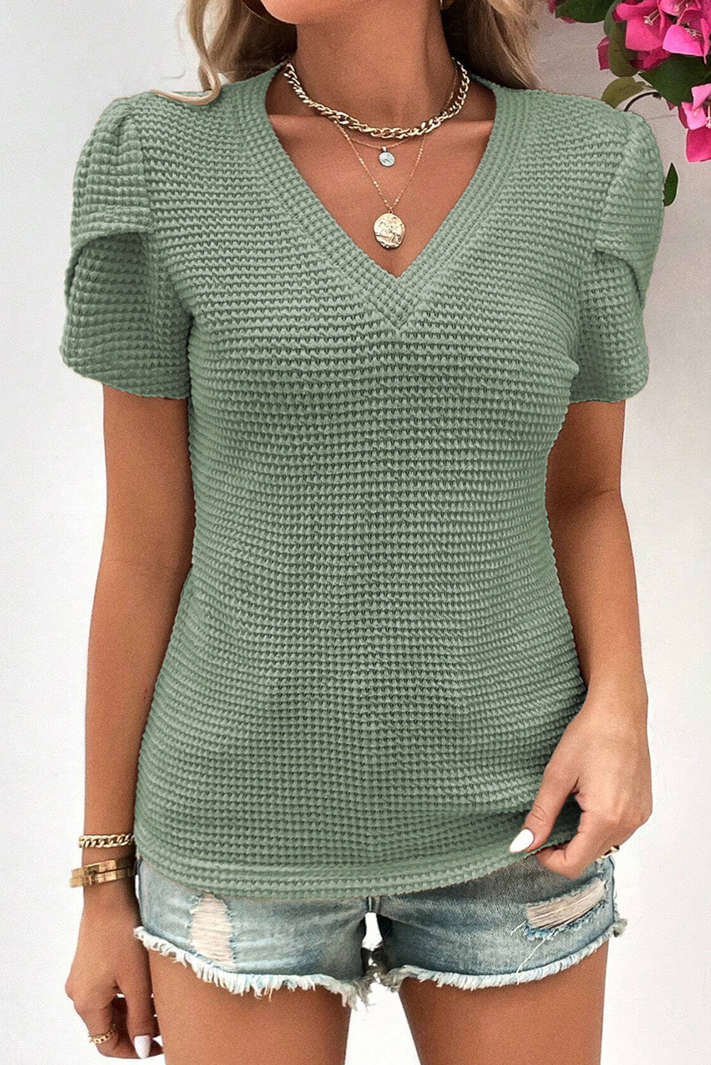 Camel V Neck Petal Sleeve Waffle Knit T-Shirt