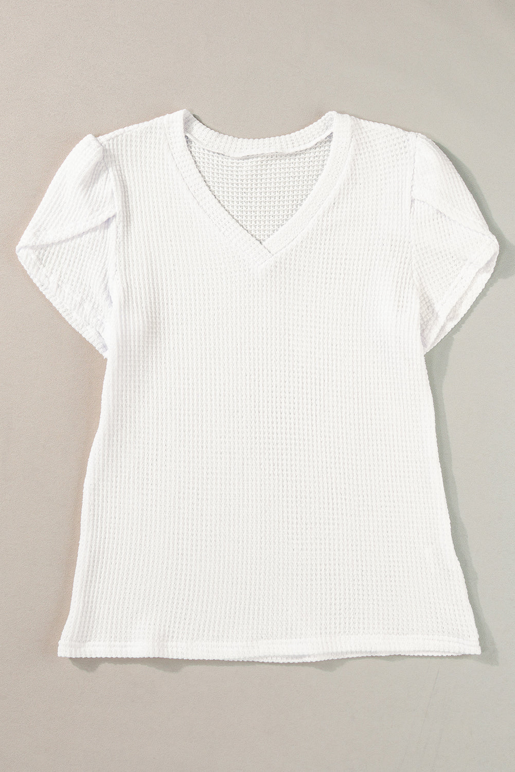 Camel V Neck Petal Sleeve Waffle Knit T-Shirt