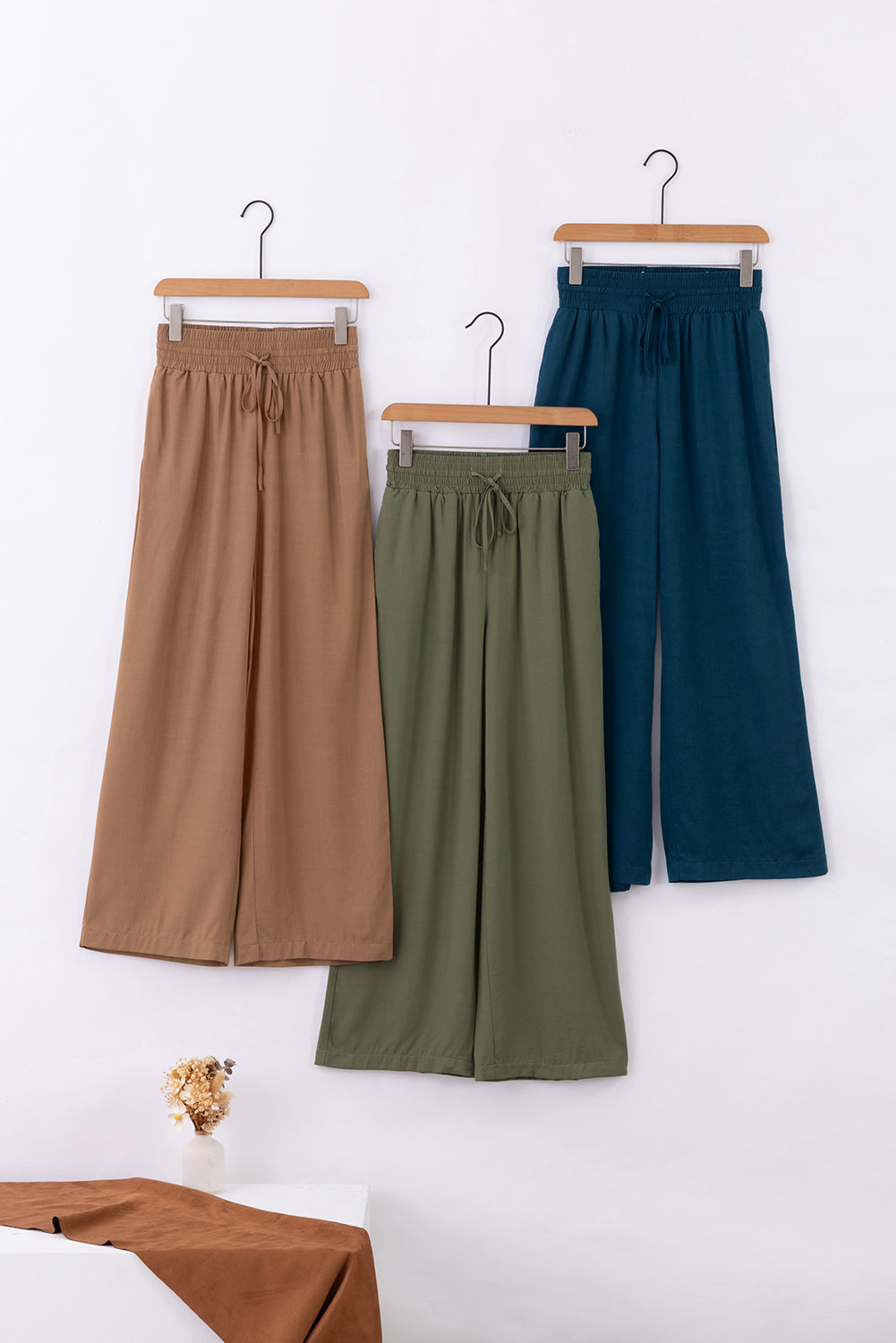 Blue Drawstring Elastic Waist Casual Wide Leg Pants