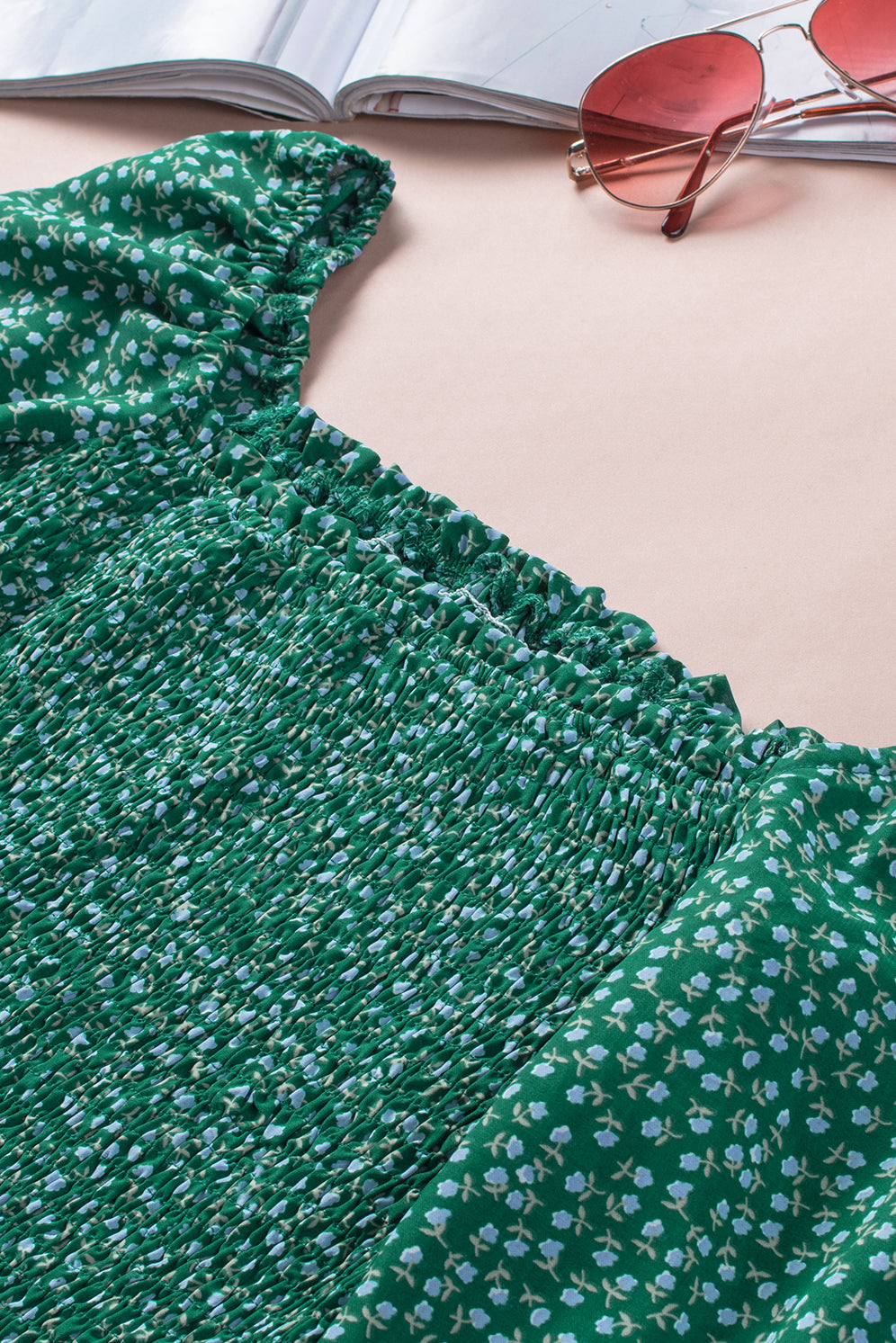 Green Square Neck Puff Sleeve Floral Smocked Top