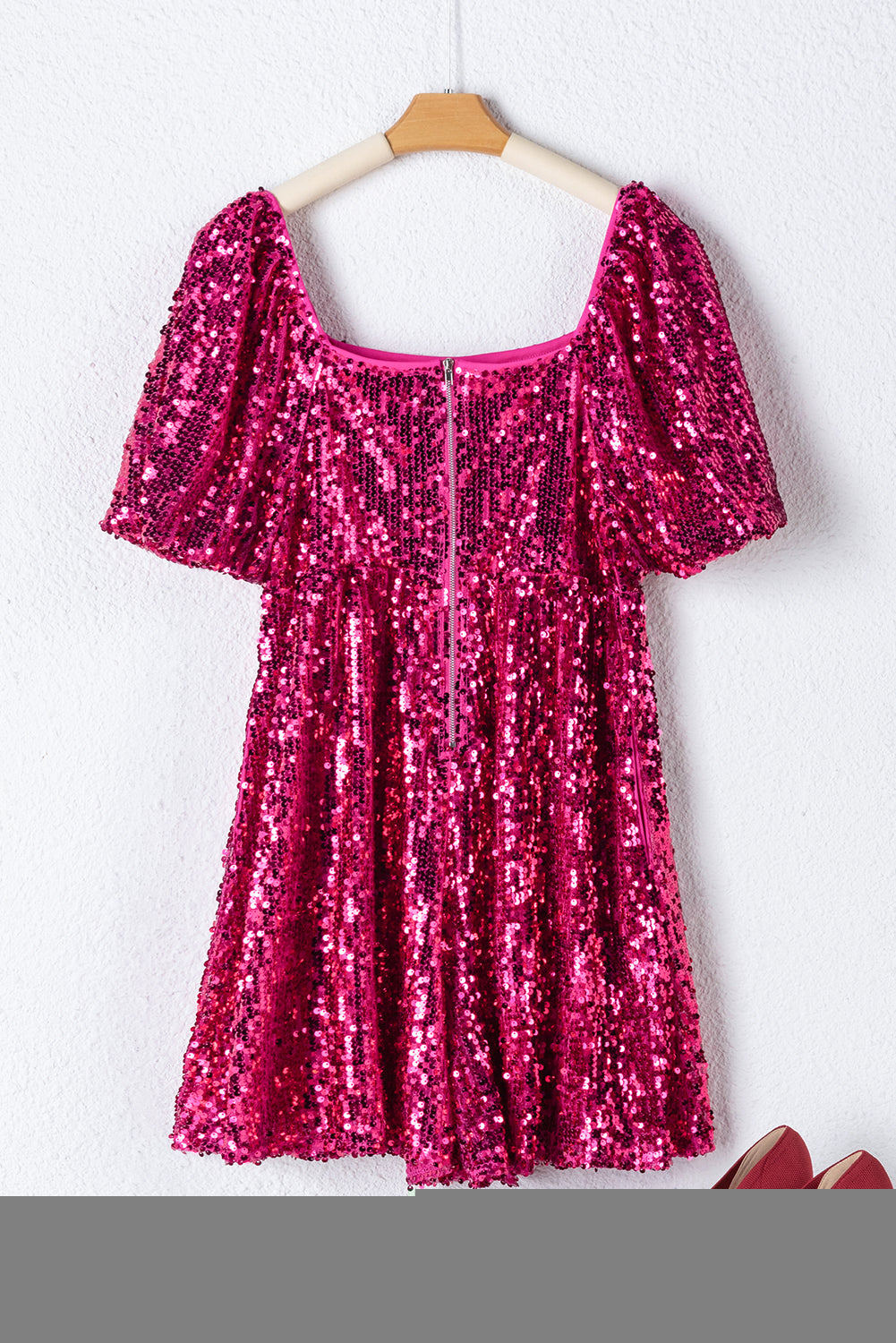 Rose Red Short Puff Sleeve Sequin Babydoll Romper