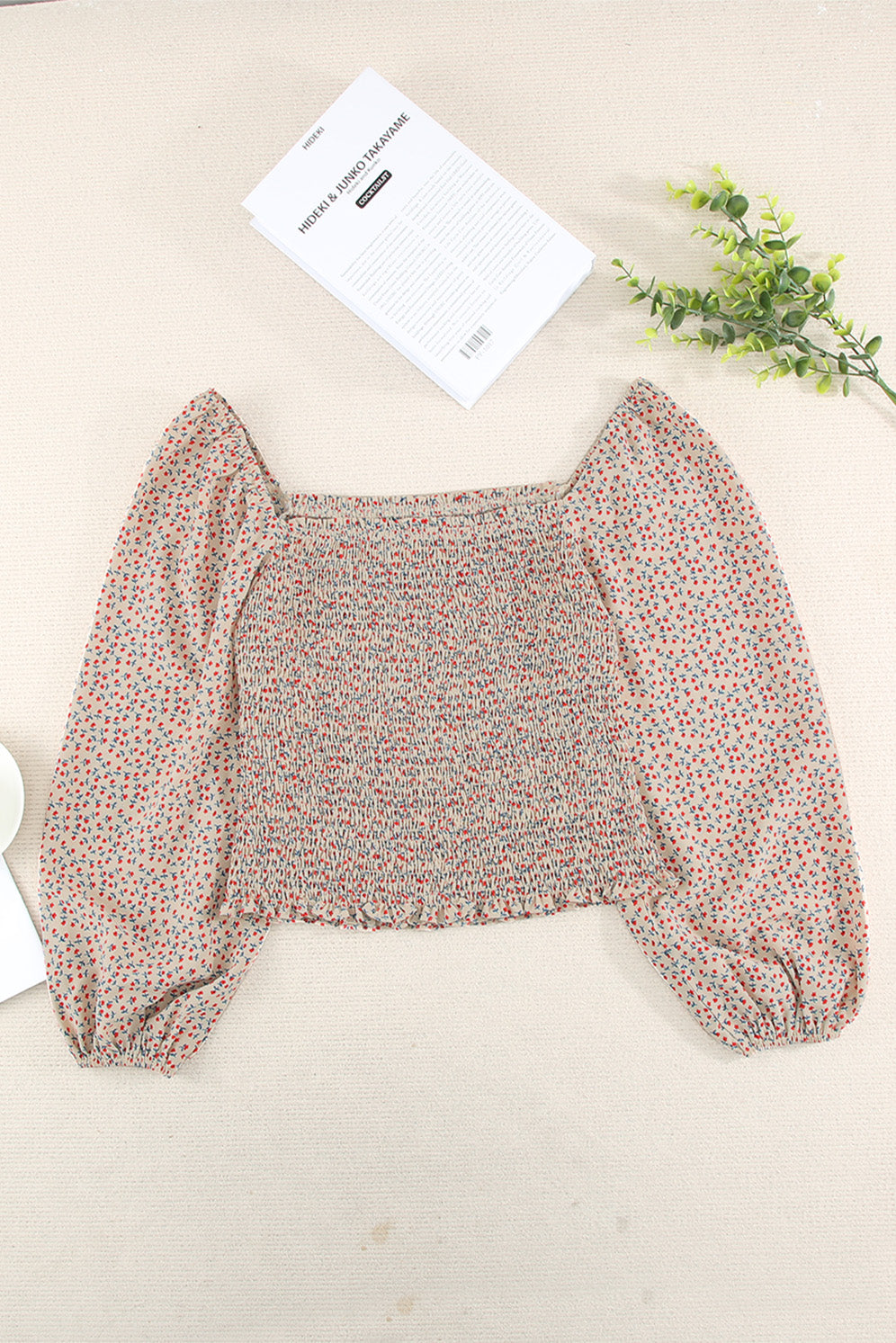Green Square Neck Puff Sleeve Floral Smocked Top