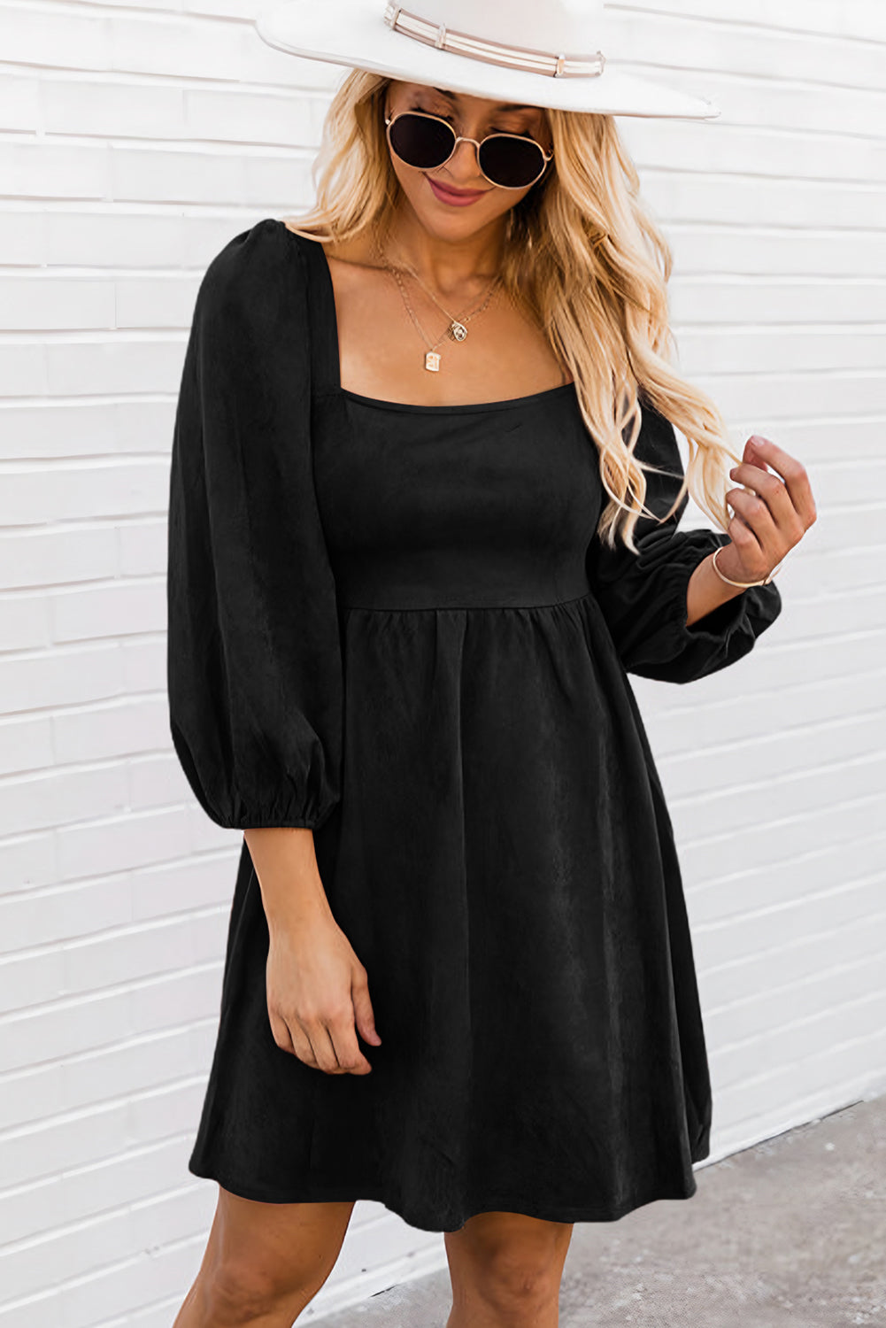 Jungle Green Suede Square Neck Puff Sleeve Dress