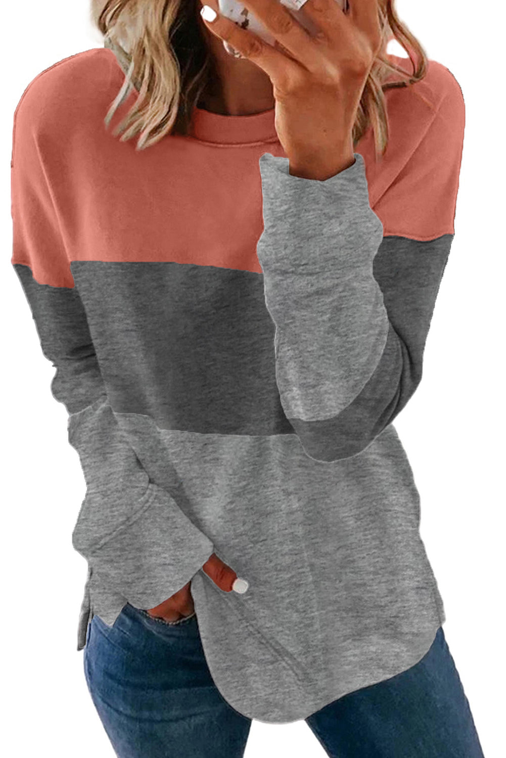Colorblock Orange Contrast Stitching Sweatshirt with Slits