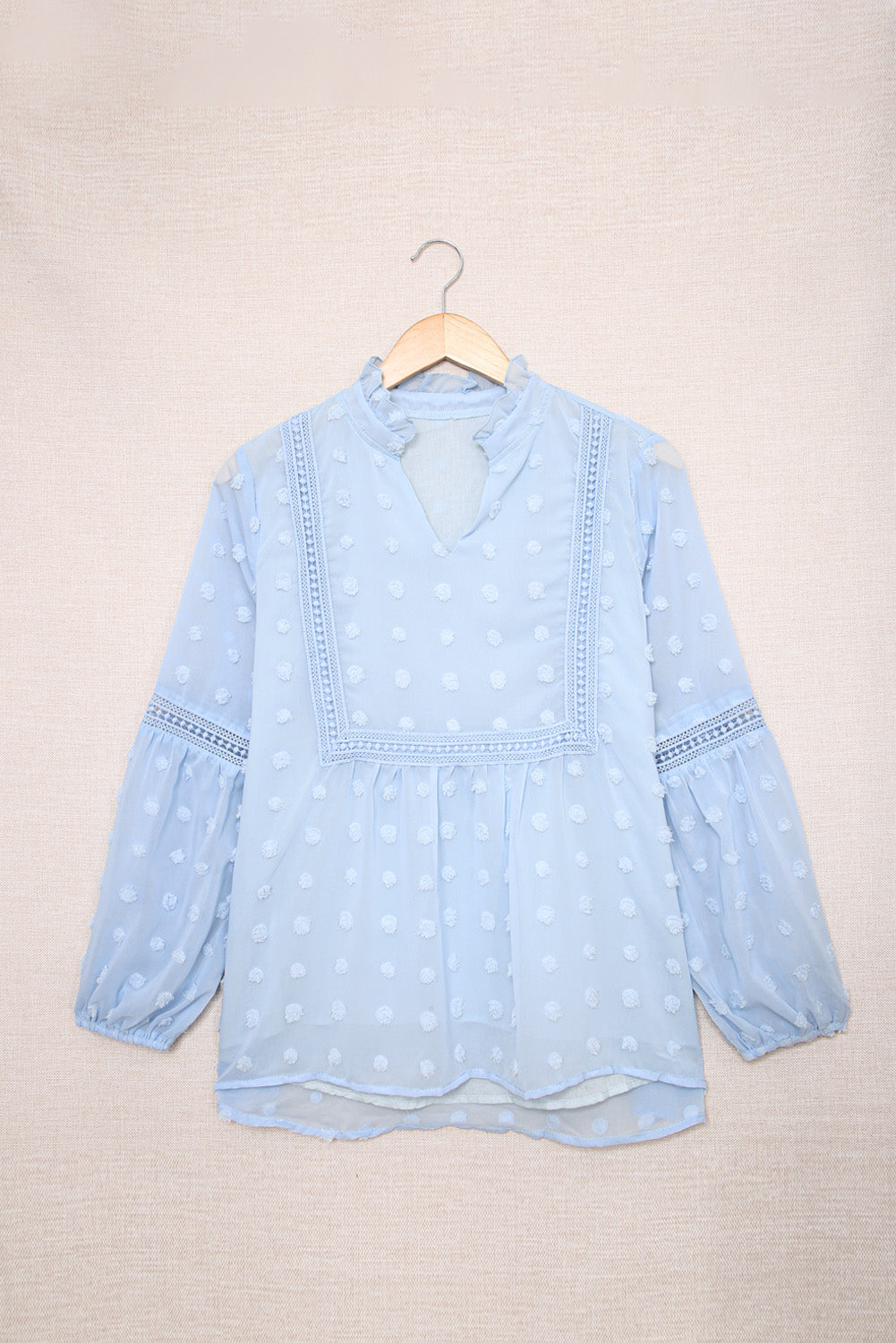 Green Ruffled Split Neck Lace Hollow Out Puff Sleeve Polka Dot Blouse