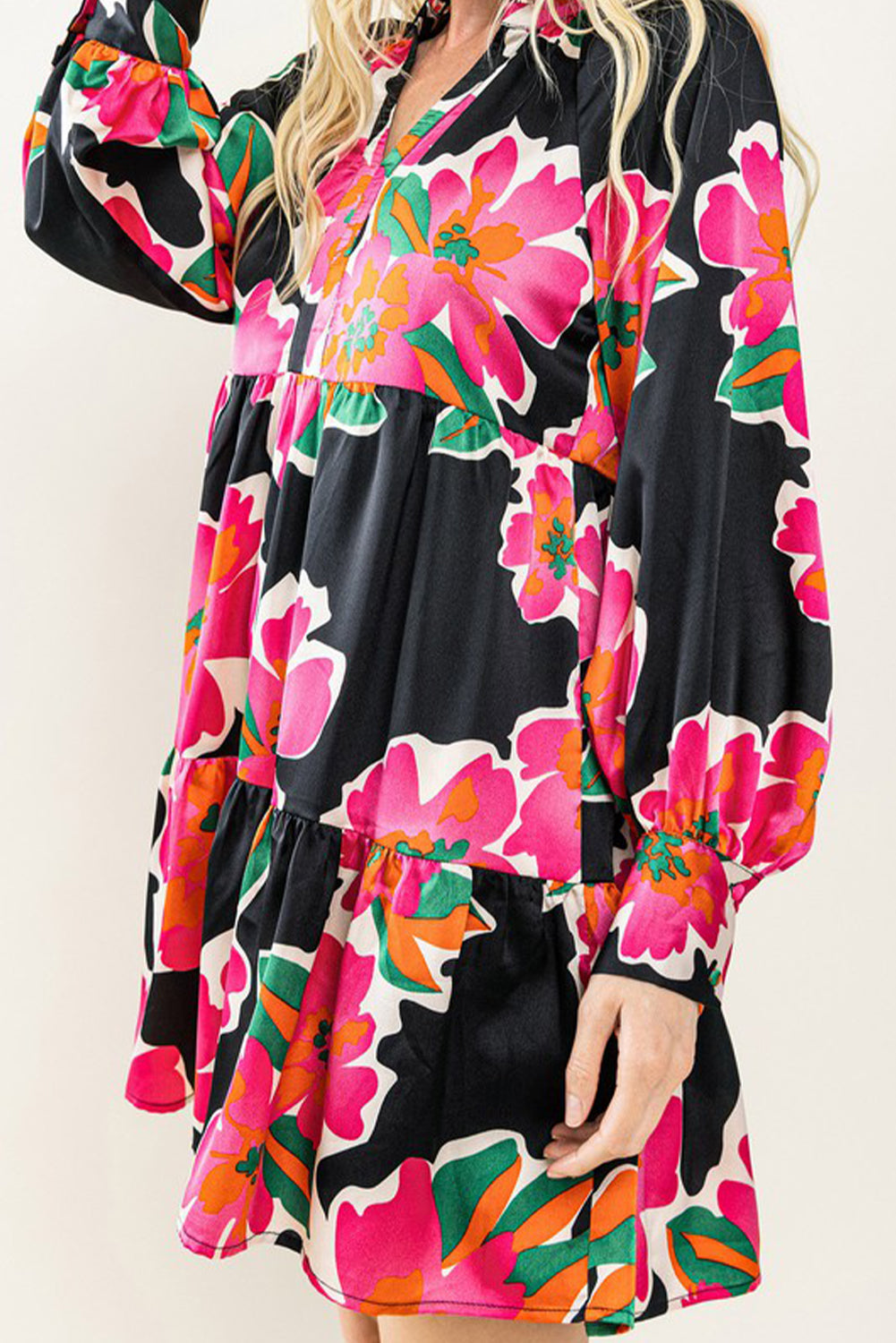 Multicolour Frill Collar Split Neck Long Sleeve Floral Dress