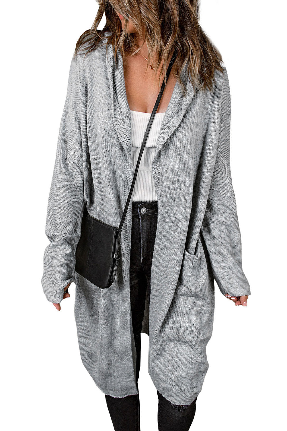 Brown Black/Gray/Brown Open Front Hooded Sweater Cardigan