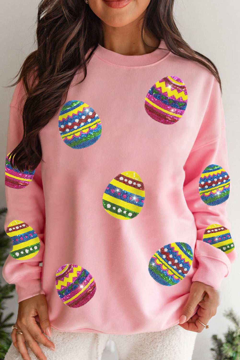Beige Eater Egg Sequin Patched Crew Neck Sweatshirt