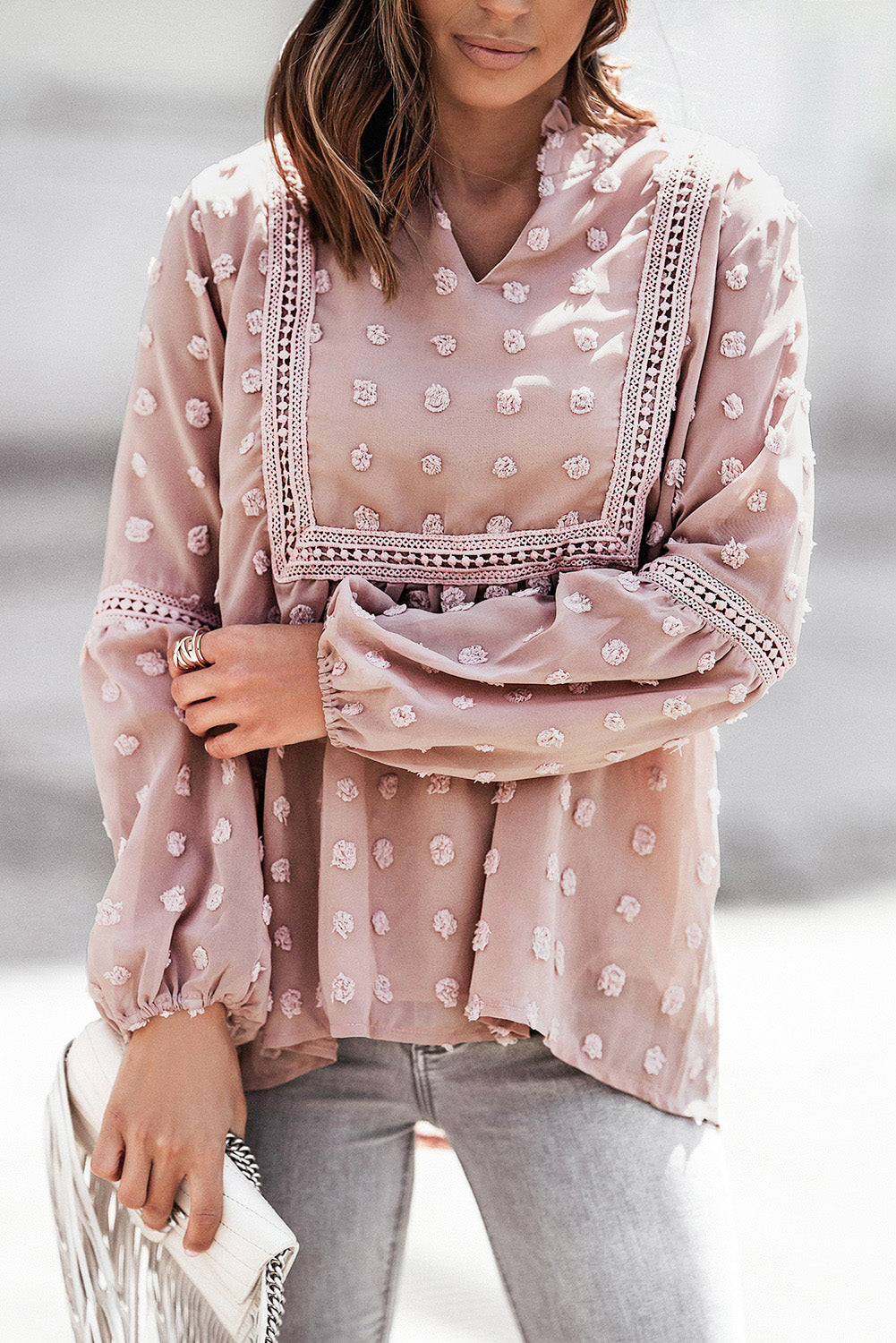 Green Ruffled Split Neck Lace Hollow Out Puff Sleeve Polka Dot Blouse