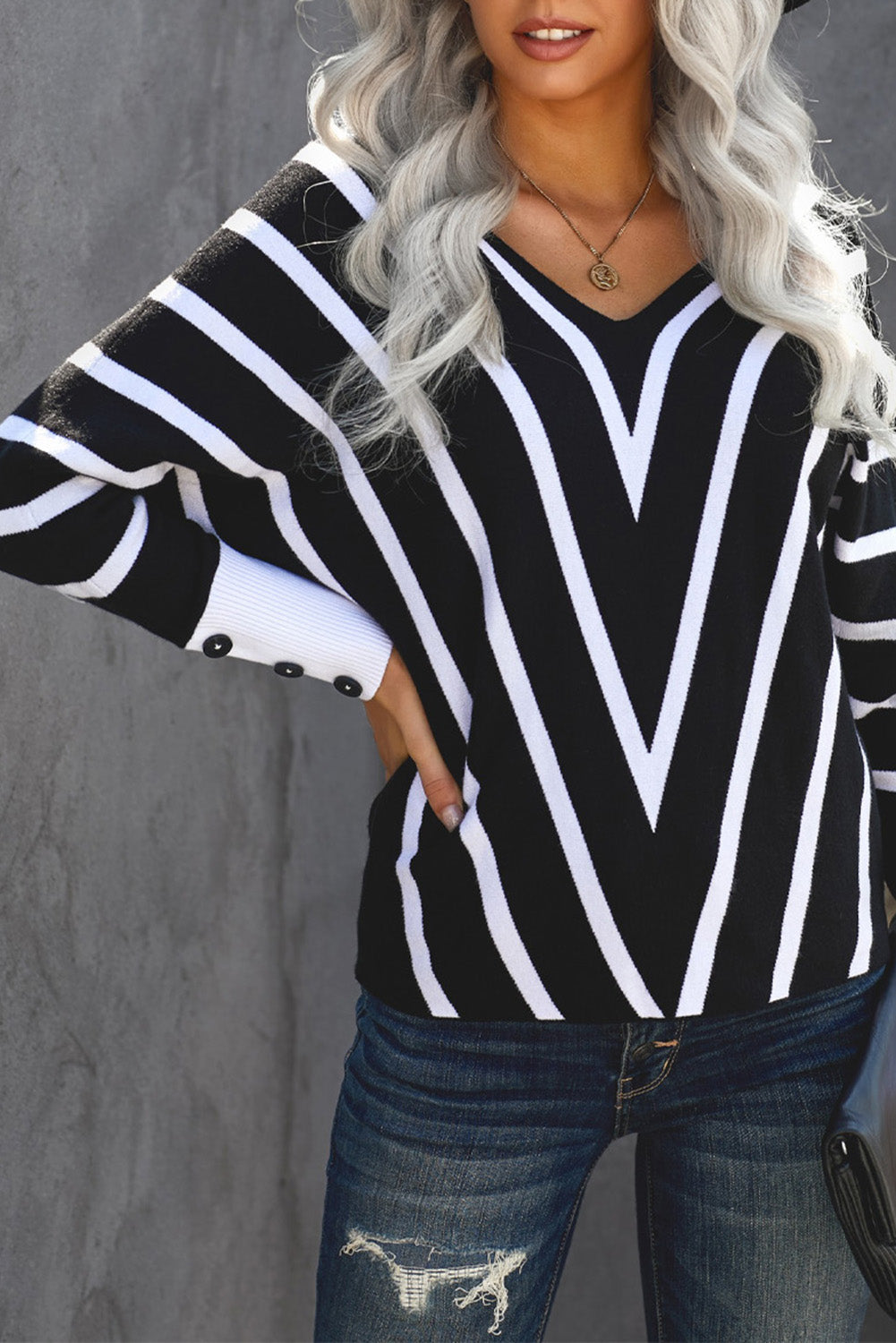 Black V Neck Popper Cuff Striped Casual Sweater